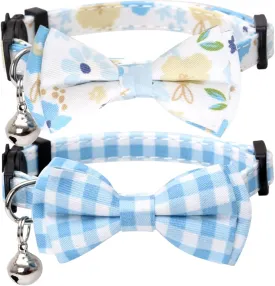 2 Pack/Set Cat Collar Breakaway with Cute Bow Tie and Bell Plaid Flower for Kitty Adjustable Safety