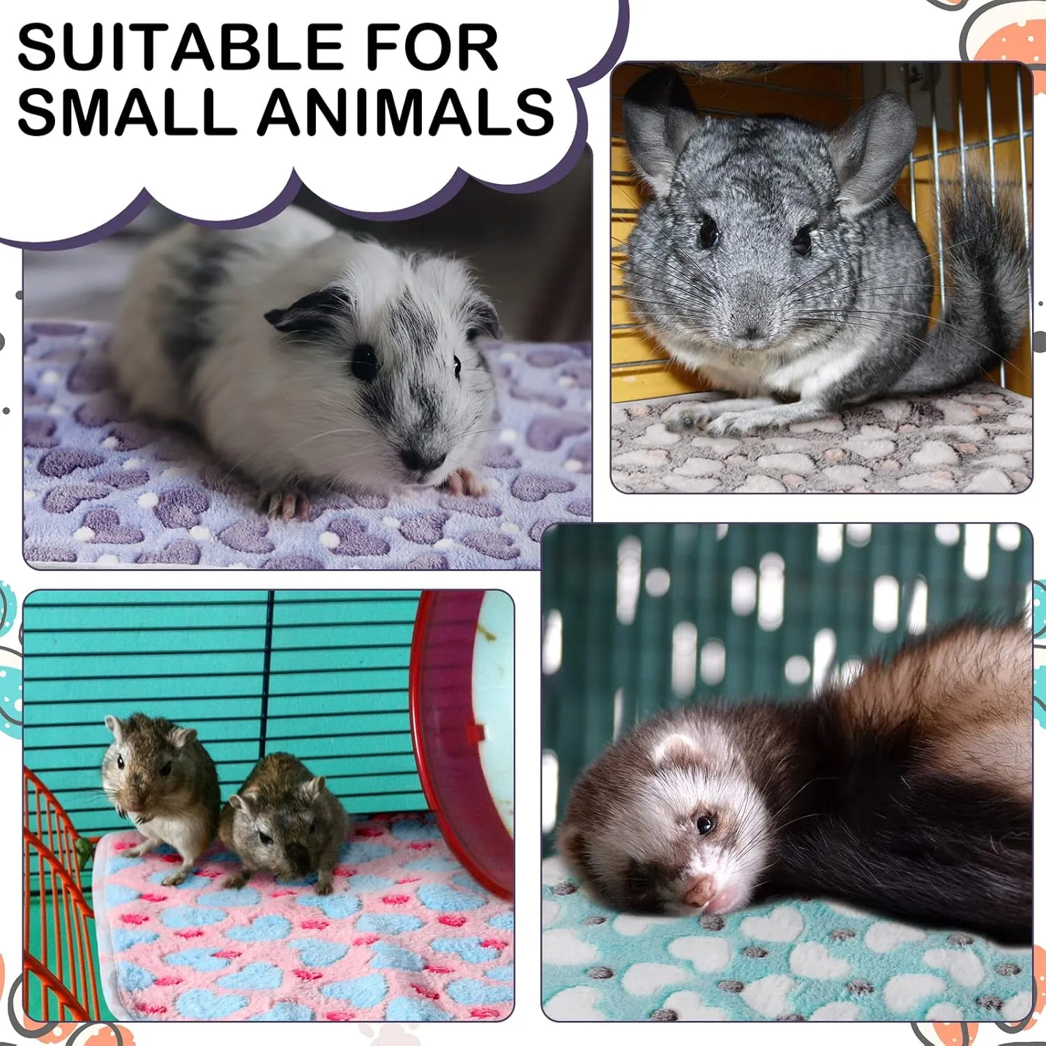 4 Pcs Waterproof Guinea Pig Blankets Washable Small Animal Fleece Bedding Absorbent Guinea Pig Cage Liners Reusable Pet Pee Pad Sleep Mat Pad Cover for Hamster Ferret (Heart Pattern,35 x 24 Inch)