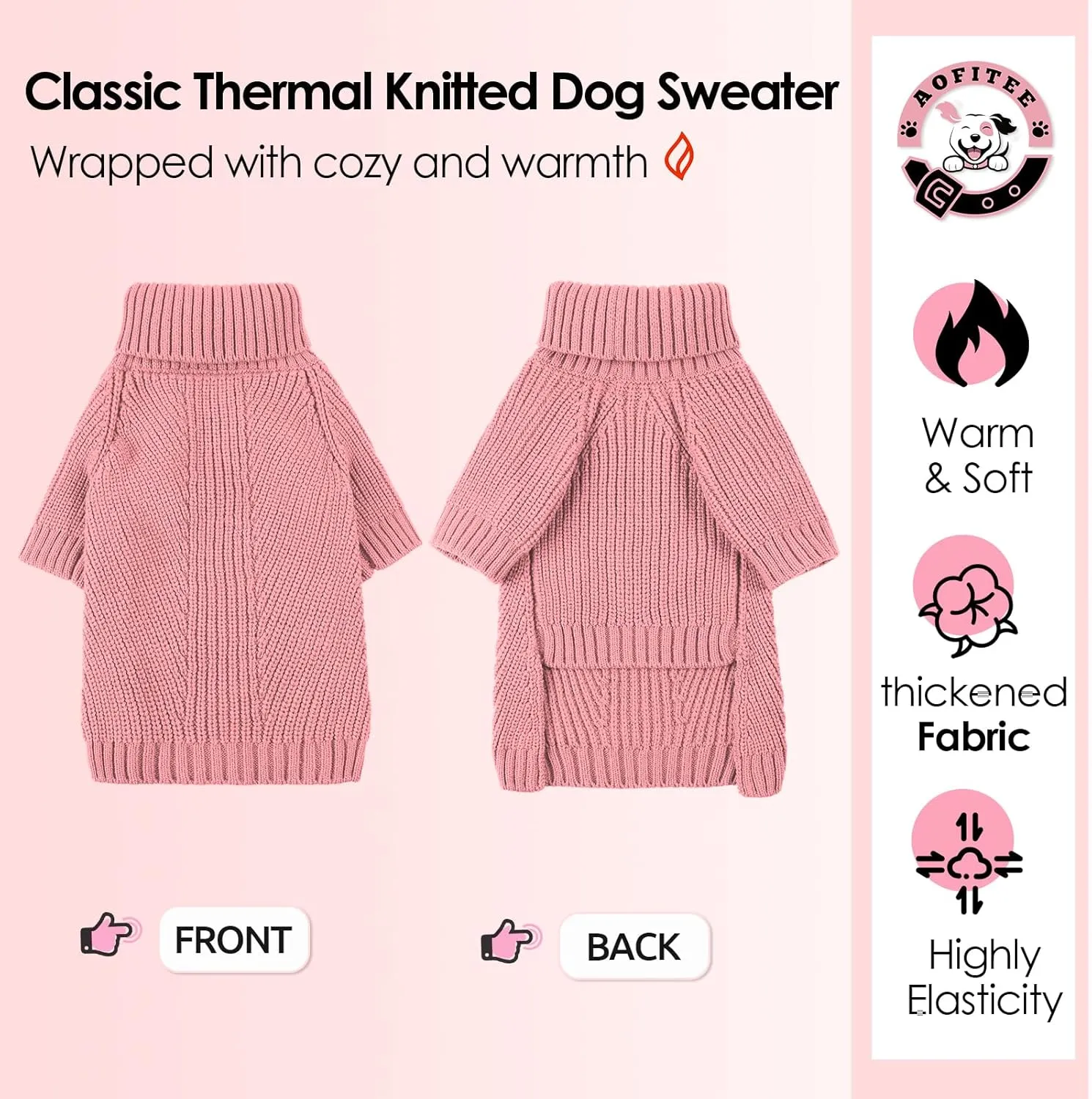 AOFITEE XL Dog Sweater, Dog Christmas Sweater for Medium Dogs Girls Boys, Solid Knitted Dog Pullover Sweater, Turtleneck Medium Dog Sweater Warm Dog Sweatshirt for Small Medium Dogs Cats, XL Pink