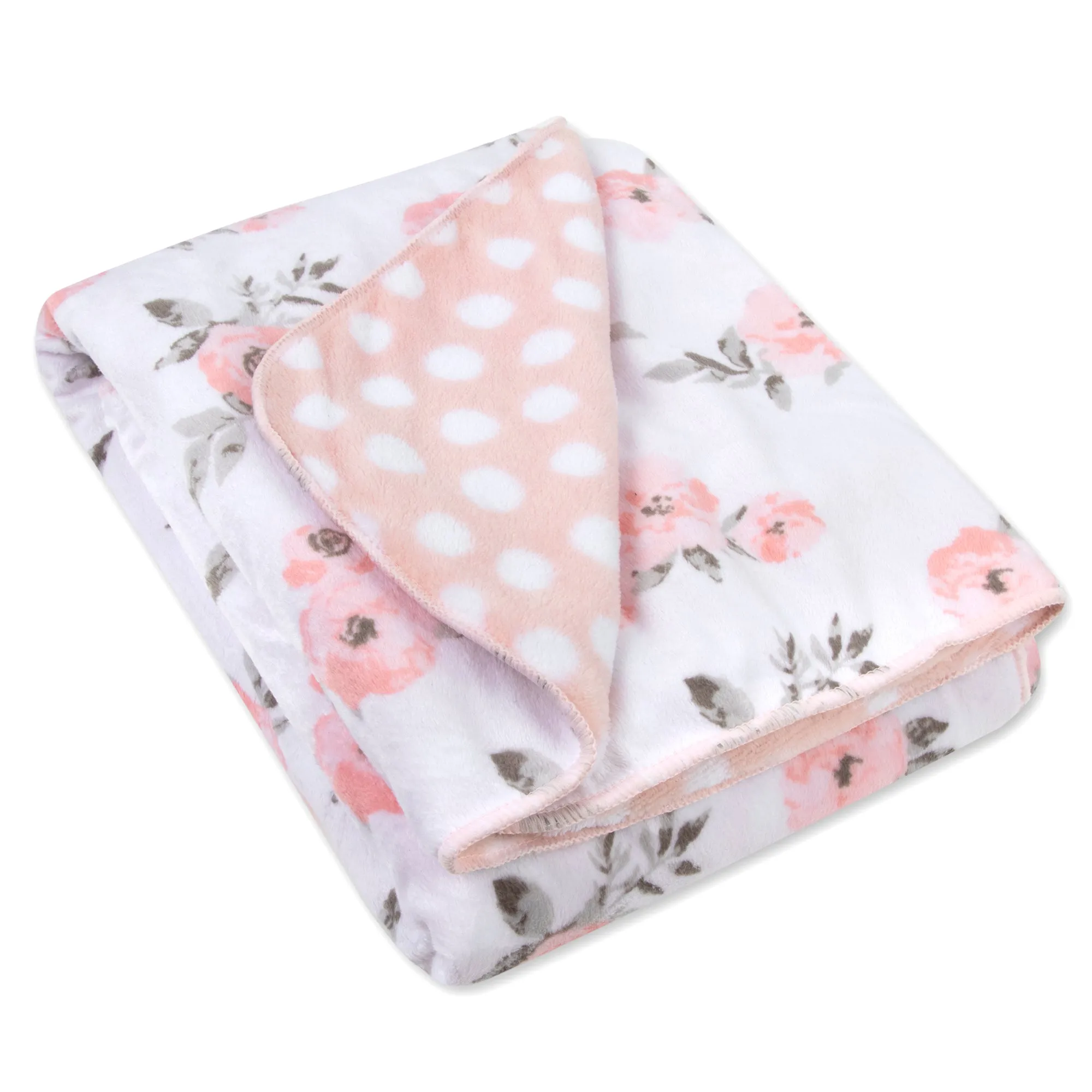 Baby Fleece Reversible Blankets 36" x 30" - Floral & Poka Dot Print