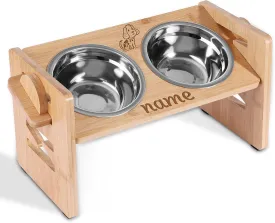 Bamboo Dog Feeder, Adjustable Raised Bowls for Small & Medium Dogs & Cats, 2 Stainless Steel Bowls with 15 Tilted Platform & Nonslip Pad