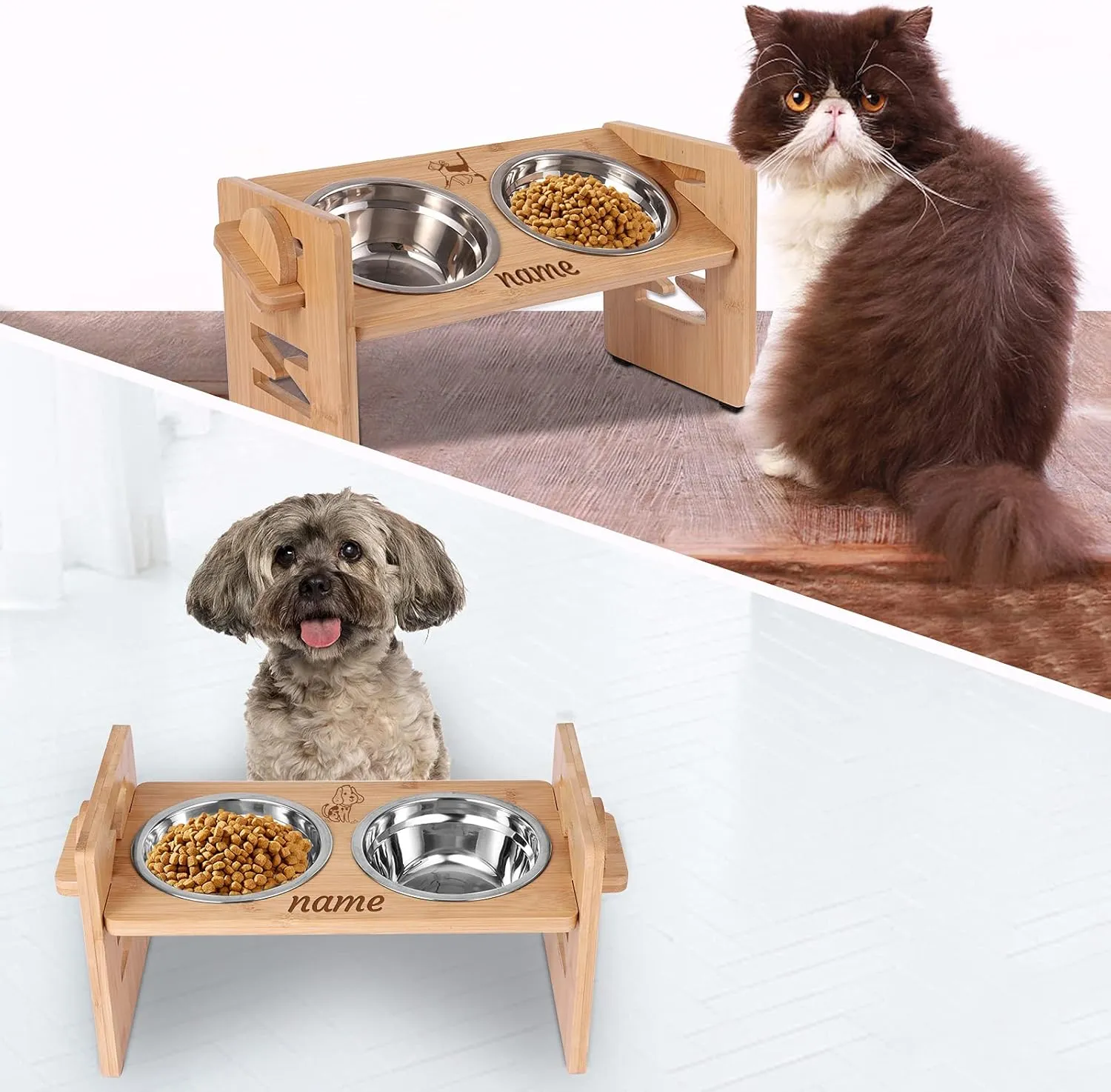Bamboo Dog Feeder, Adjustable Raised Bowls for Small & Medium Dogs & Cats, 2 Stainless Steel Bowls with 15 Tilted Platform & Nonslip Pad
