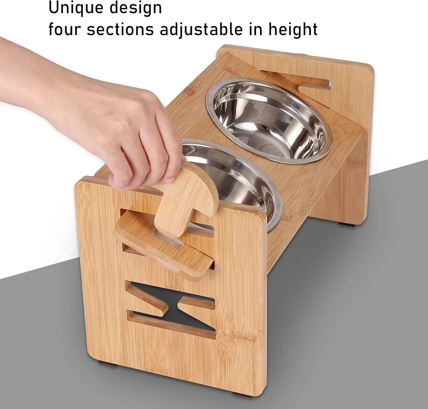 Bamboo Dog Feeder, Adjustable Raised Bowls for Small & Medium Dogs & Cats, 2 Stainless Steel Bowls with 15 Tilted Platform & Nonslip Pad