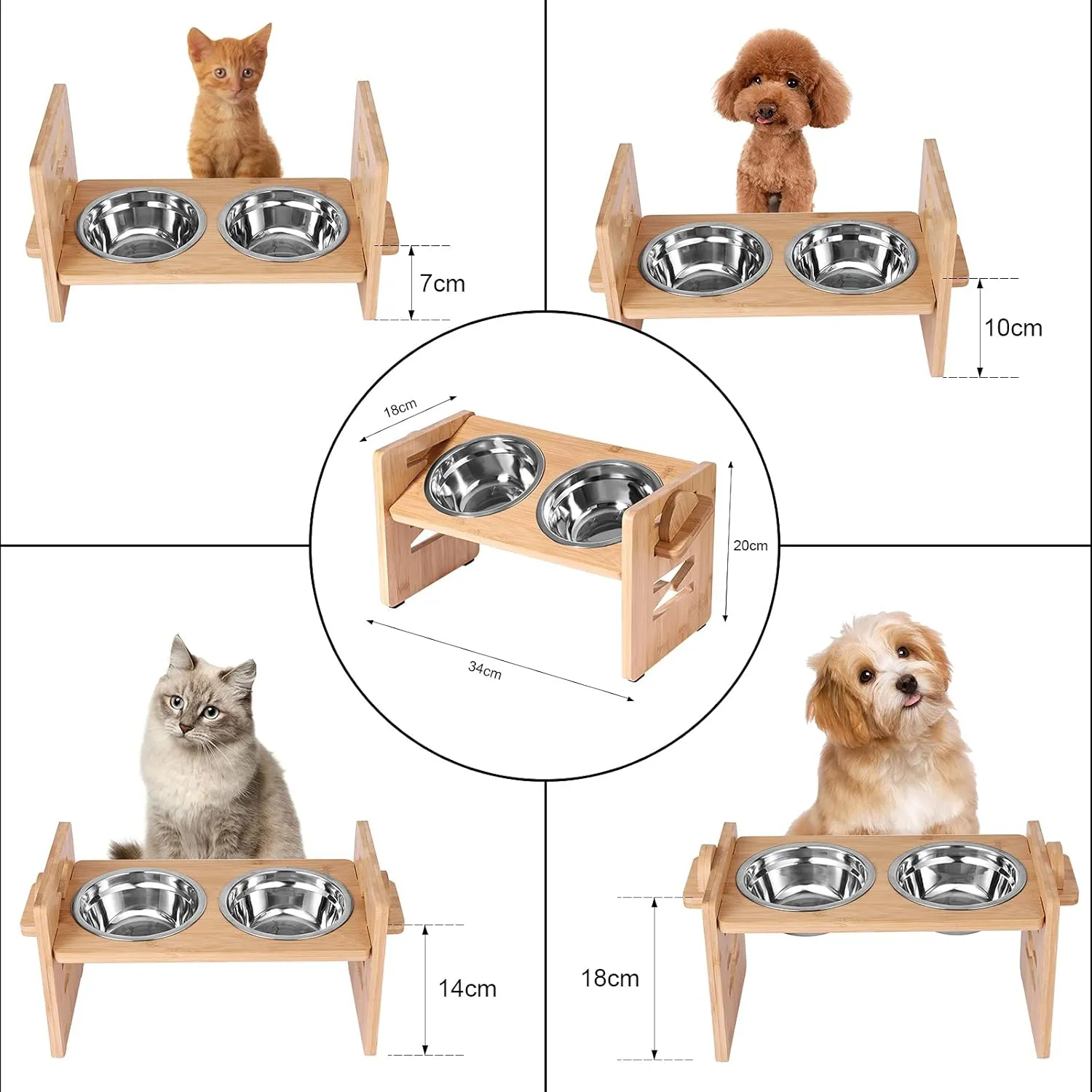Bamboo Dog Feeder, Adjustable Raised Bowls for Small & Medium Dogs & Cats, 2 Stainless Steel Bowls with 15 Tilted Platform & Nonslip Pad