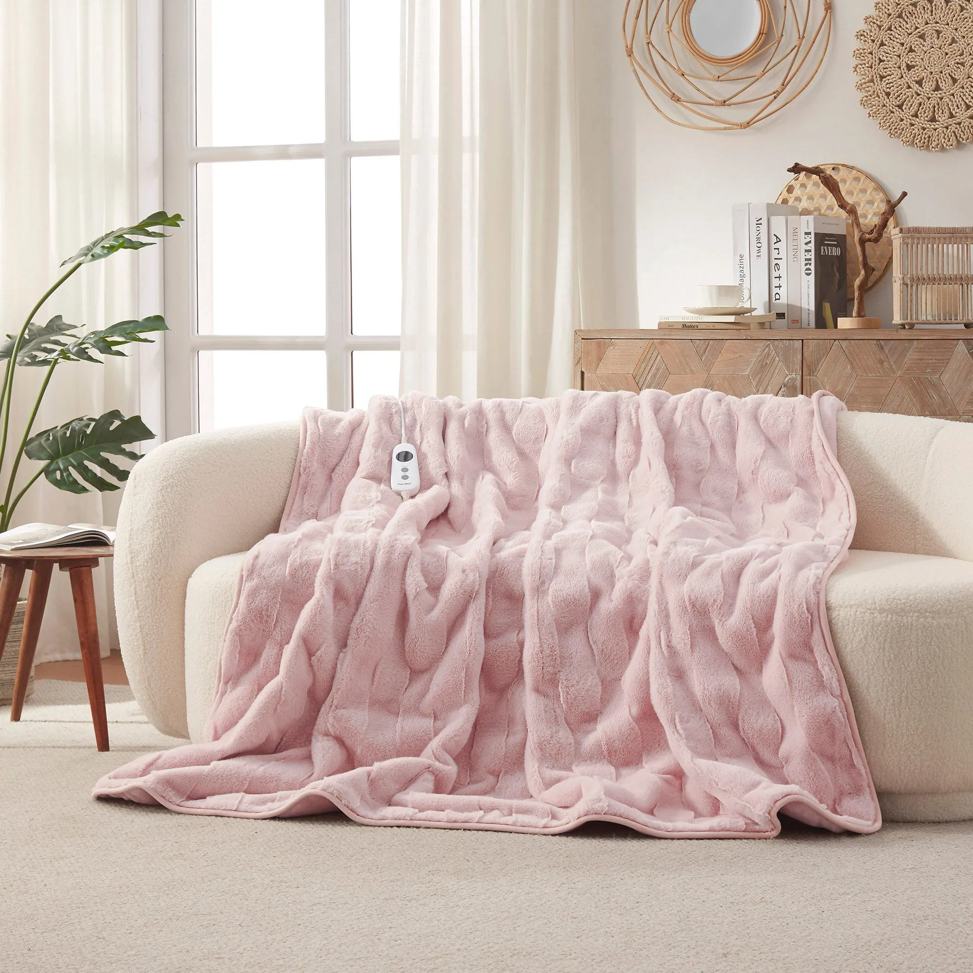 Basketweave Faux Fur Heated Throw Blush Pink