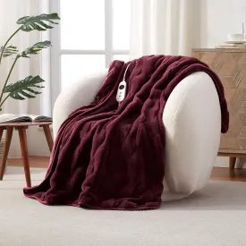 Basketweave Faux Fur Heated Throw Cherry