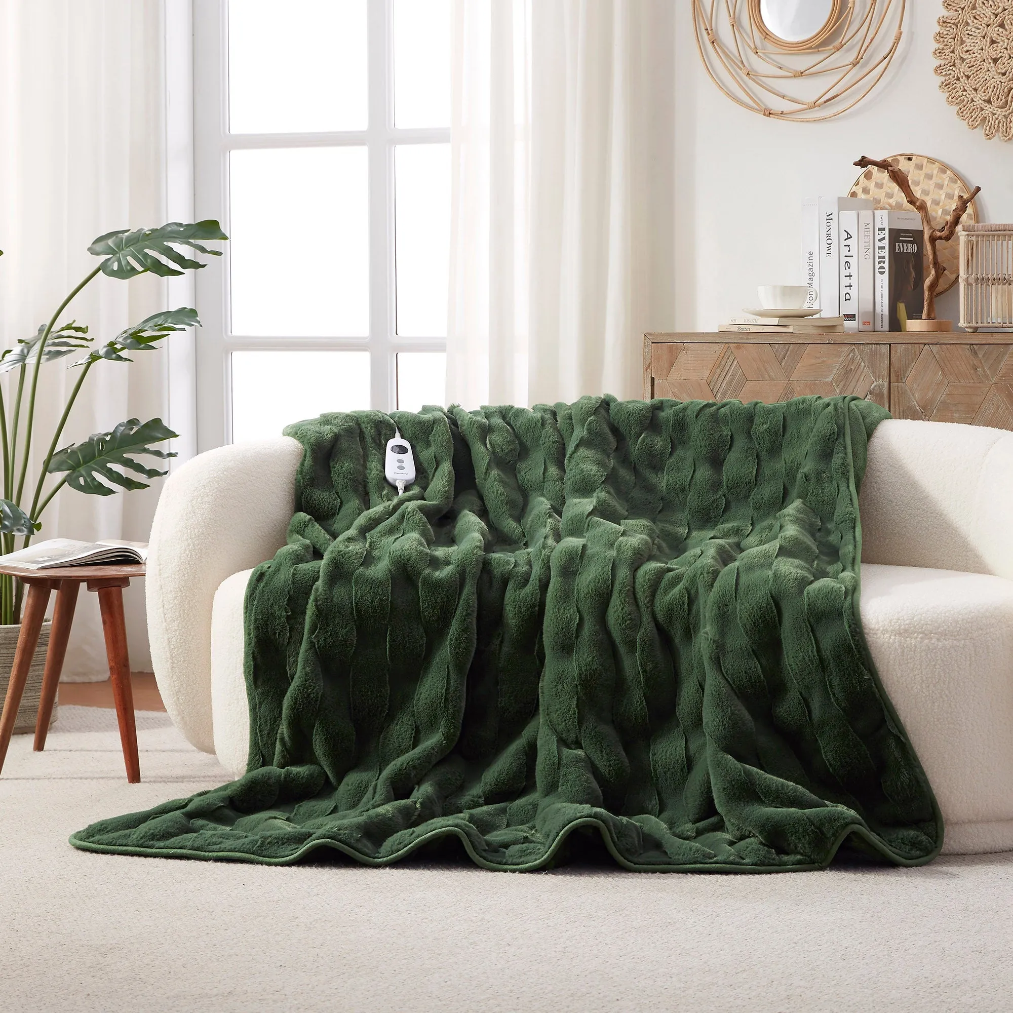 Basketweave Faux Fur Heated Throw Olive