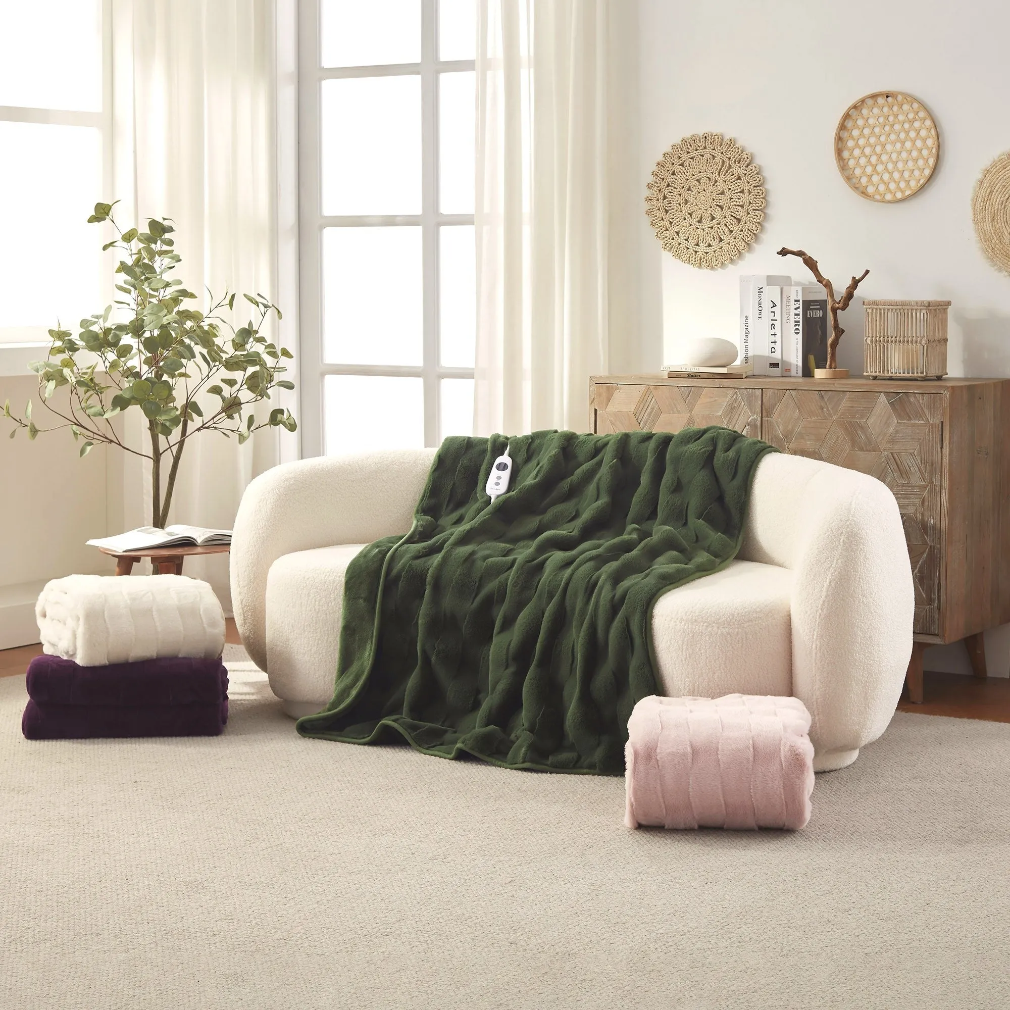 Basketweave Faux Fur Heated Throw Olive