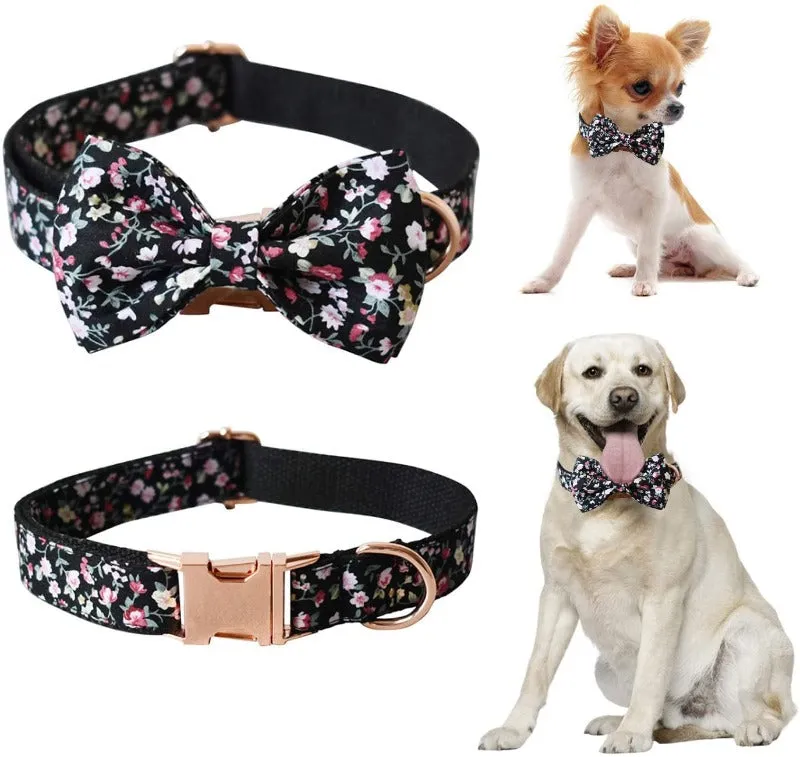 Black Floral Bow Tie Dog Collar & Leash Set | Personalized Free