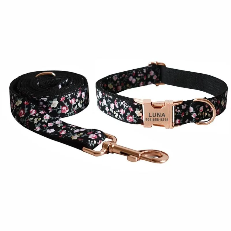 Black Floral Bow Tie Dog Collar & Leash Set | Personalized Free
