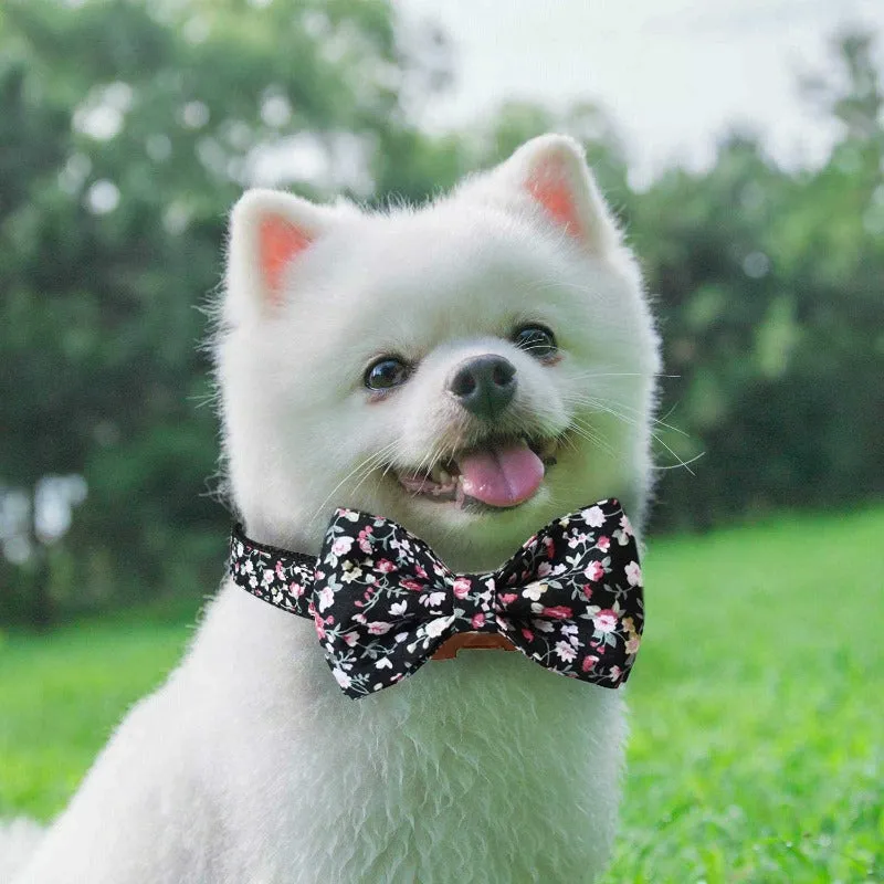 Black Floral Bow Tie Dog Collar & Leash Set | Personalized Free