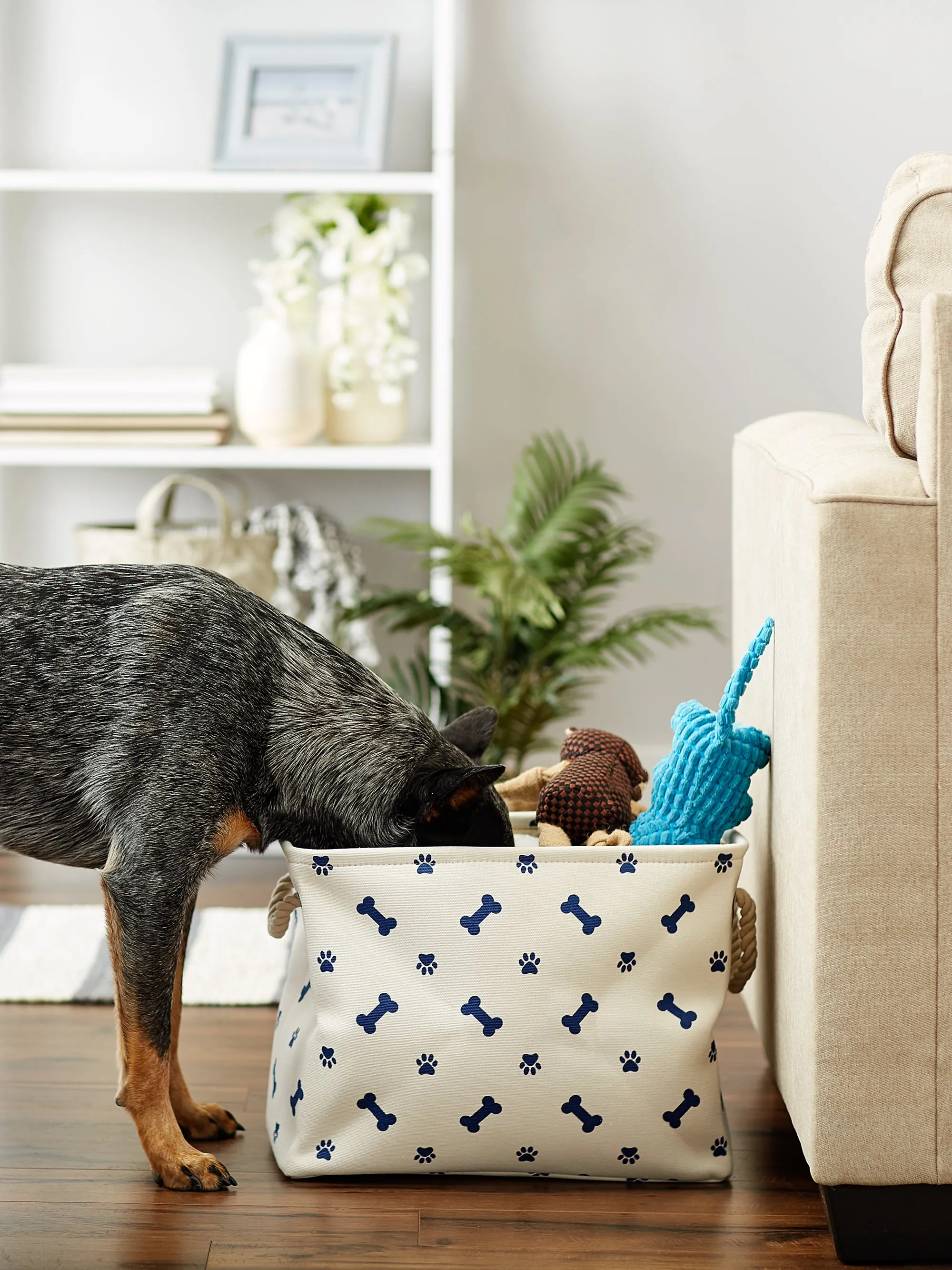 Bone Dry Collapsible Pet Storage Bin, Paw/Bone Print, Nautical Blue, Small - 14x8x9"