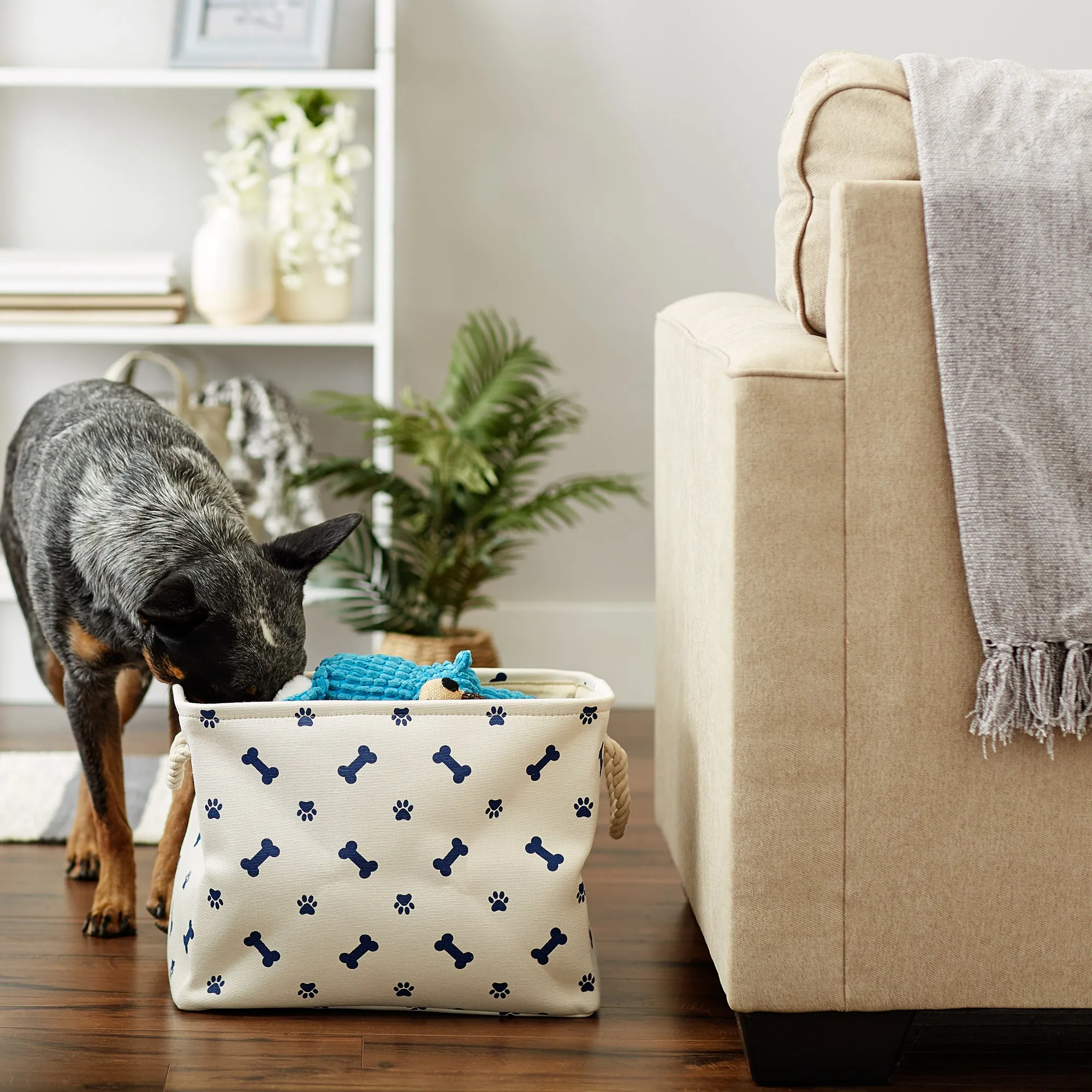 Bone Dry Collapsible Pet Storage Bin, Paw/Bone Print, Nautical Blue, Small - 14x8x9"