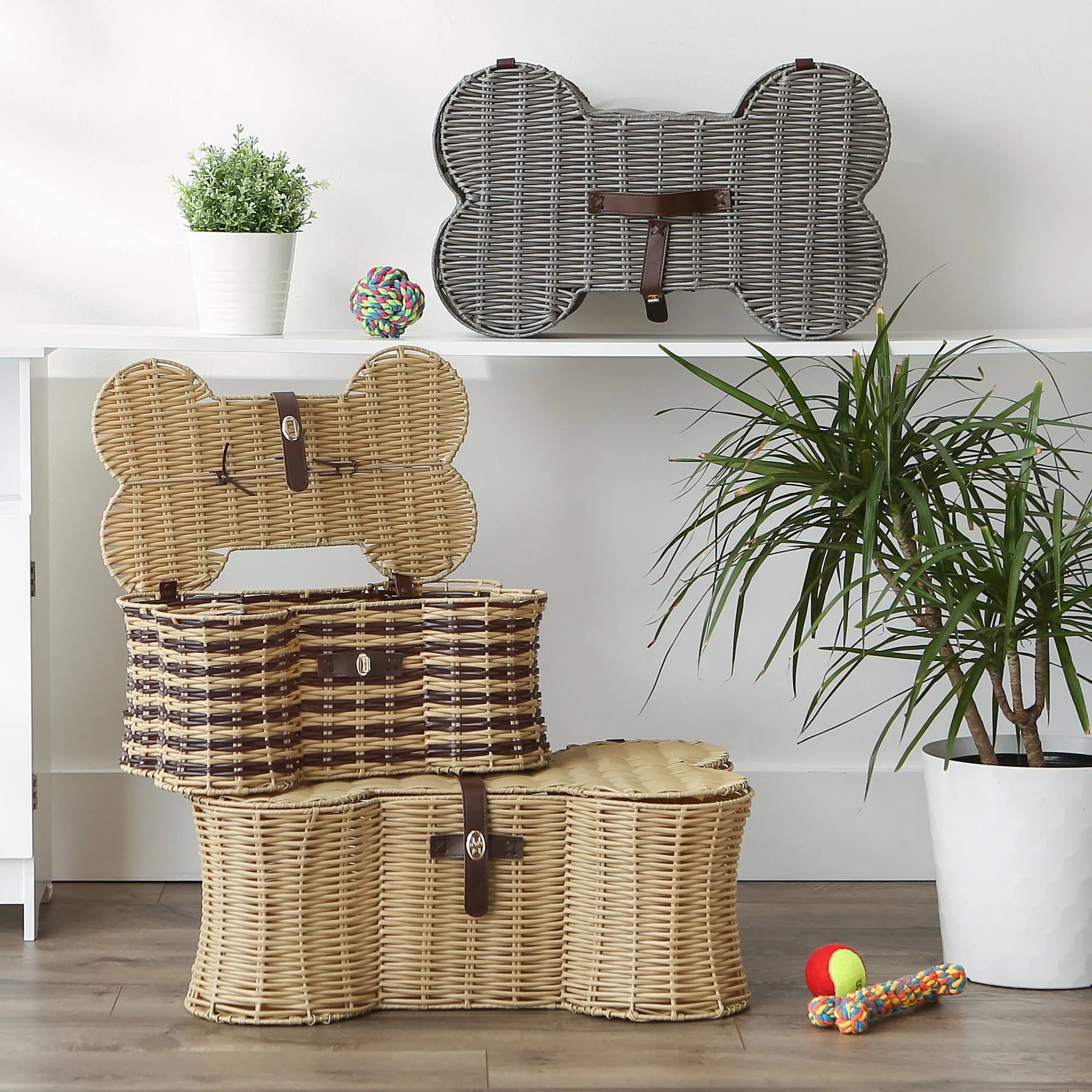 Bone Dry Pet Toy Storage Basket, Bone Shaped, Stripe, Large - 24x15x9"