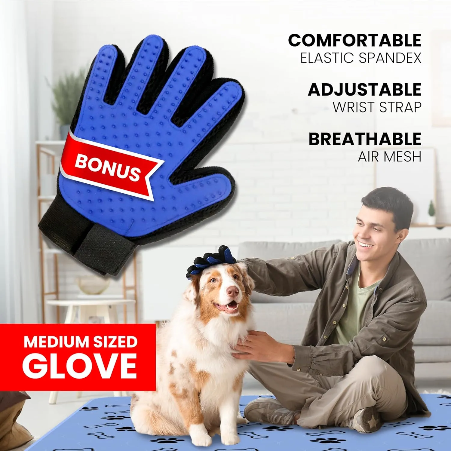 Buddy's Best Washable Pee Pads  Large (47"x47")  Ultra Absorbent, Non-Slip, for Whelping, Housebreaking, Incontinence, Multiple Pets, Furniture Protection (2-Pack)   Grooming Glove