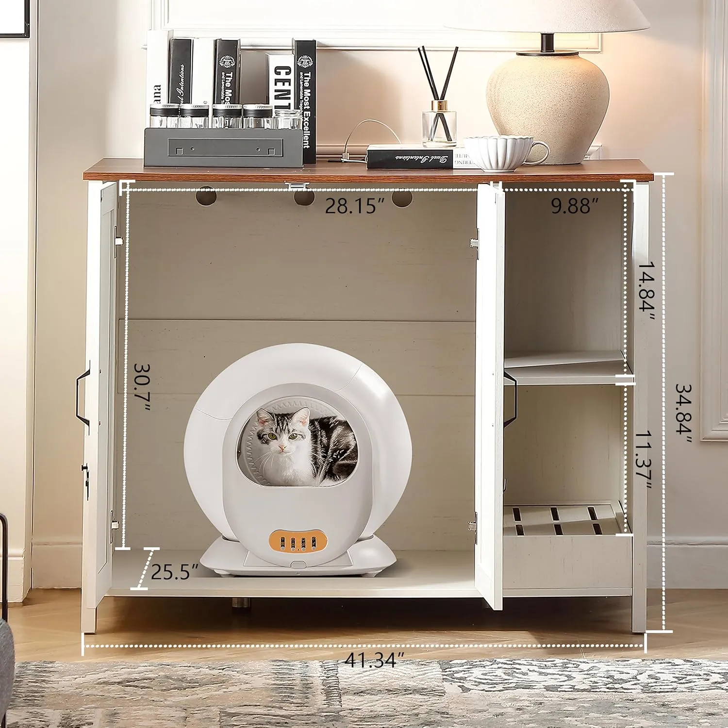 Cat Litter Robot Enclosure,for Placing Litter Robot 3/4,Power Outlet and Dog-Proof Shelf for Litter Robot Cabinet,Litter Collector for Automatic Litter Box Enclosure,Antique White