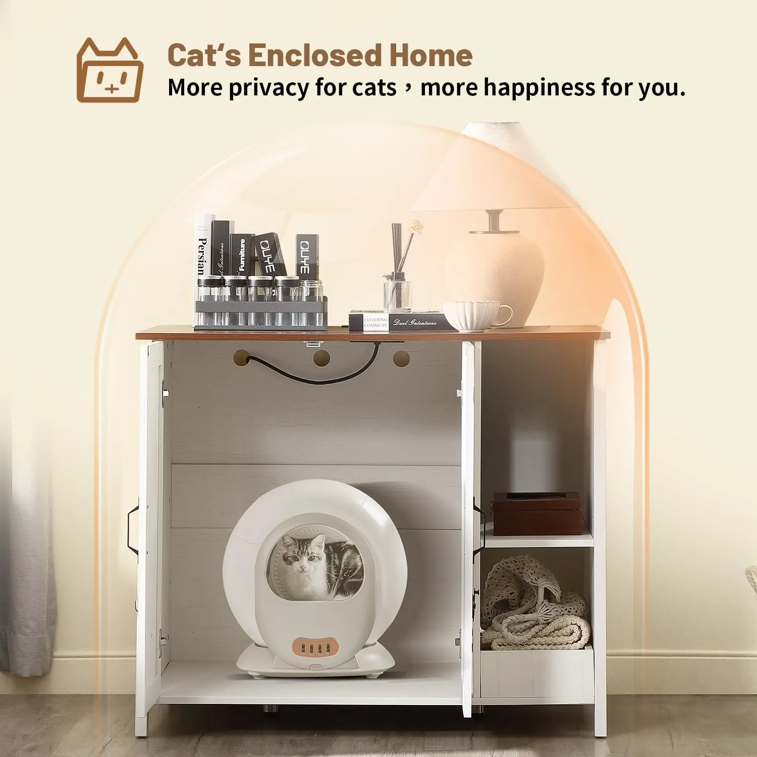 Cat Litter Robot Enclosure,for Placing Litter Robot 3/4,Power Outlet and Dog-Proof Shelf for Litter Robot Cabinet,Litter Collector for Automatic Litter Box Enclosure,Antique White
