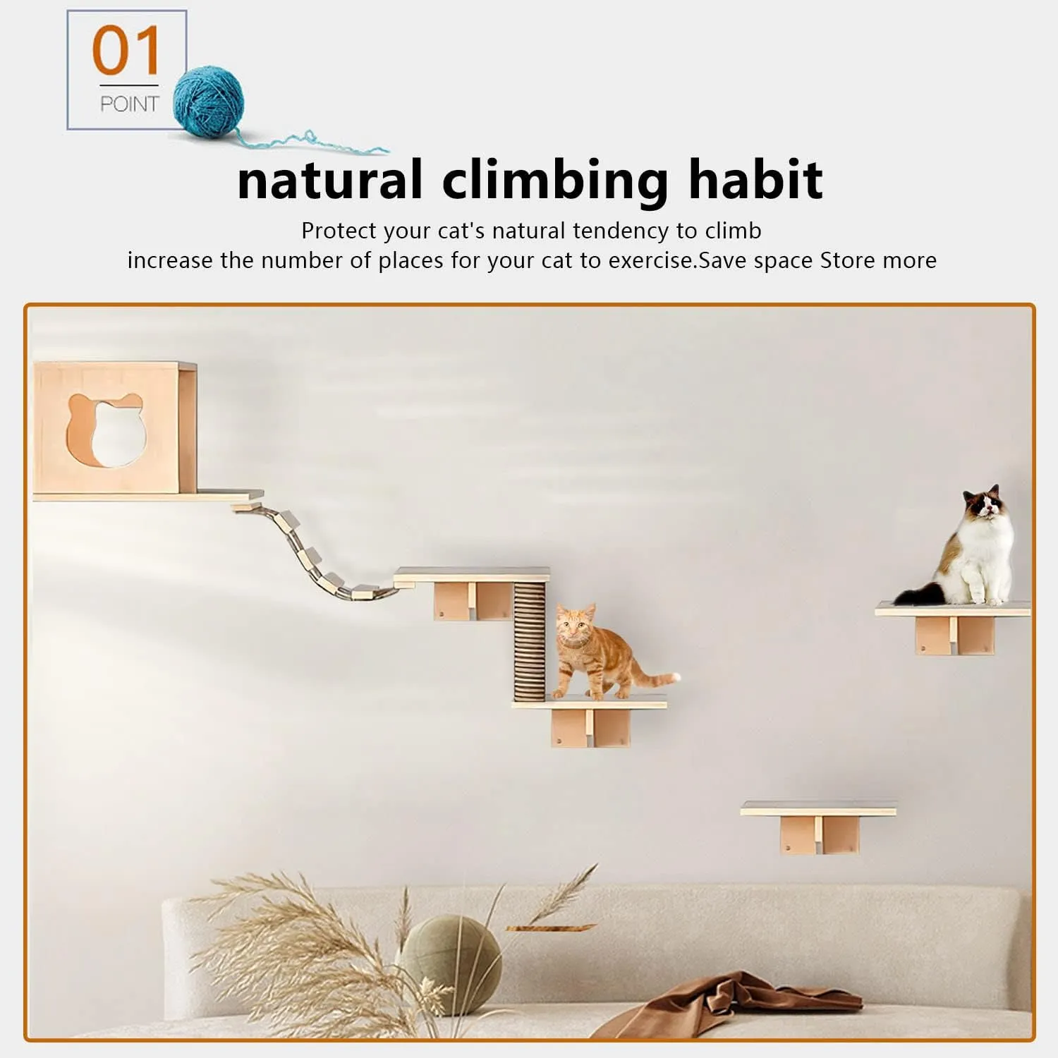 Cat Wall Shelves and Furniture Set with Condos, Perches, Bridge Ladders, Sisal Scratching Posts - Steps and Houses for Cats (A)