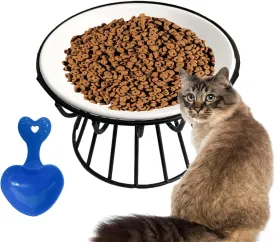 Ceramic Cat Bowls with Metal Stand,Elevated Cat Bowl Raised Kitten Food&Water Feeding Shallow Dish for Indoor Cats,Puppies,Small Dogs(Black)