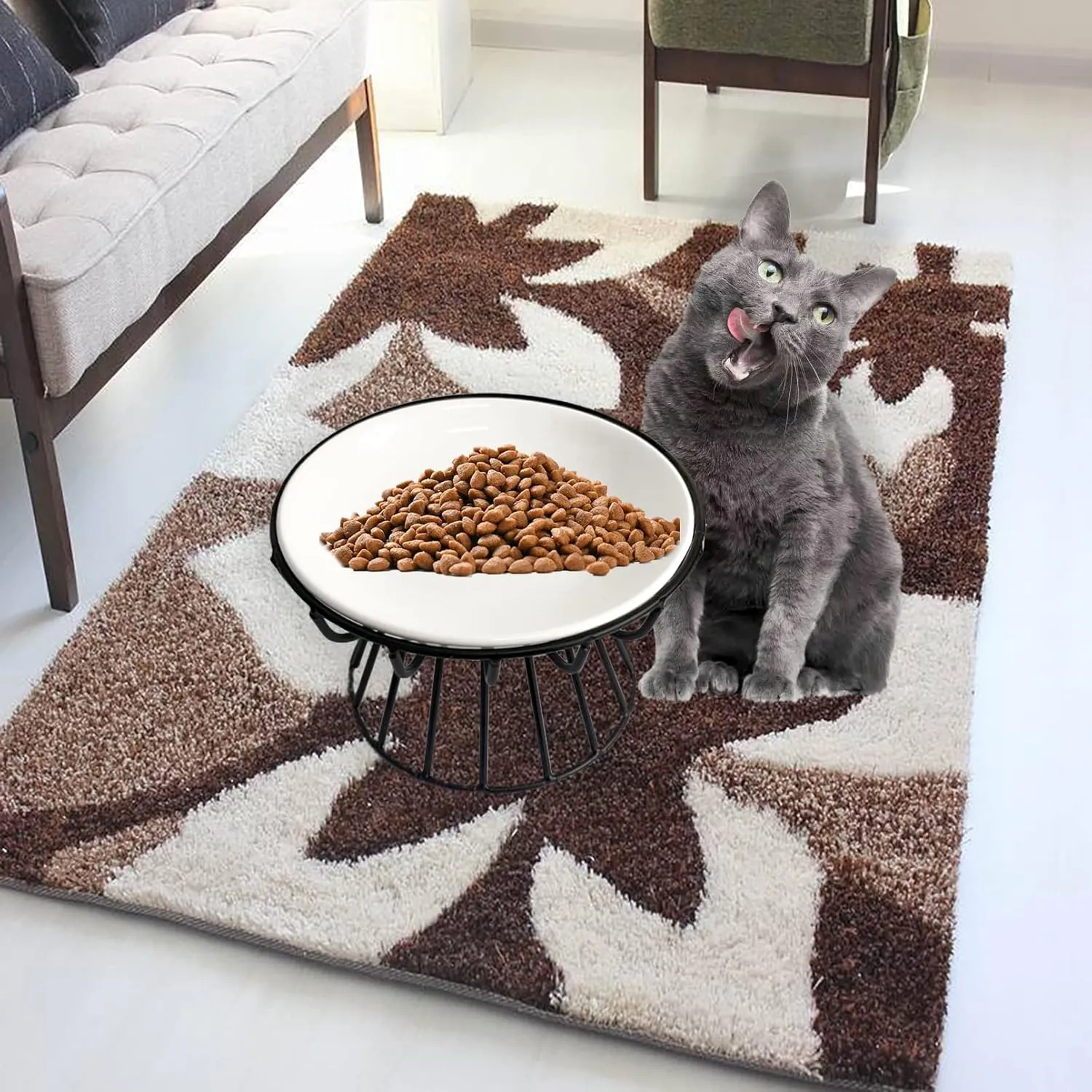 Ceramic Cat Bowls with Metal Stand,Elevated Cat Bowl Raised Kitten Food&Water Feeding Shallow Dish for Indoor Cats,Puppies,Small Dogs(Black)