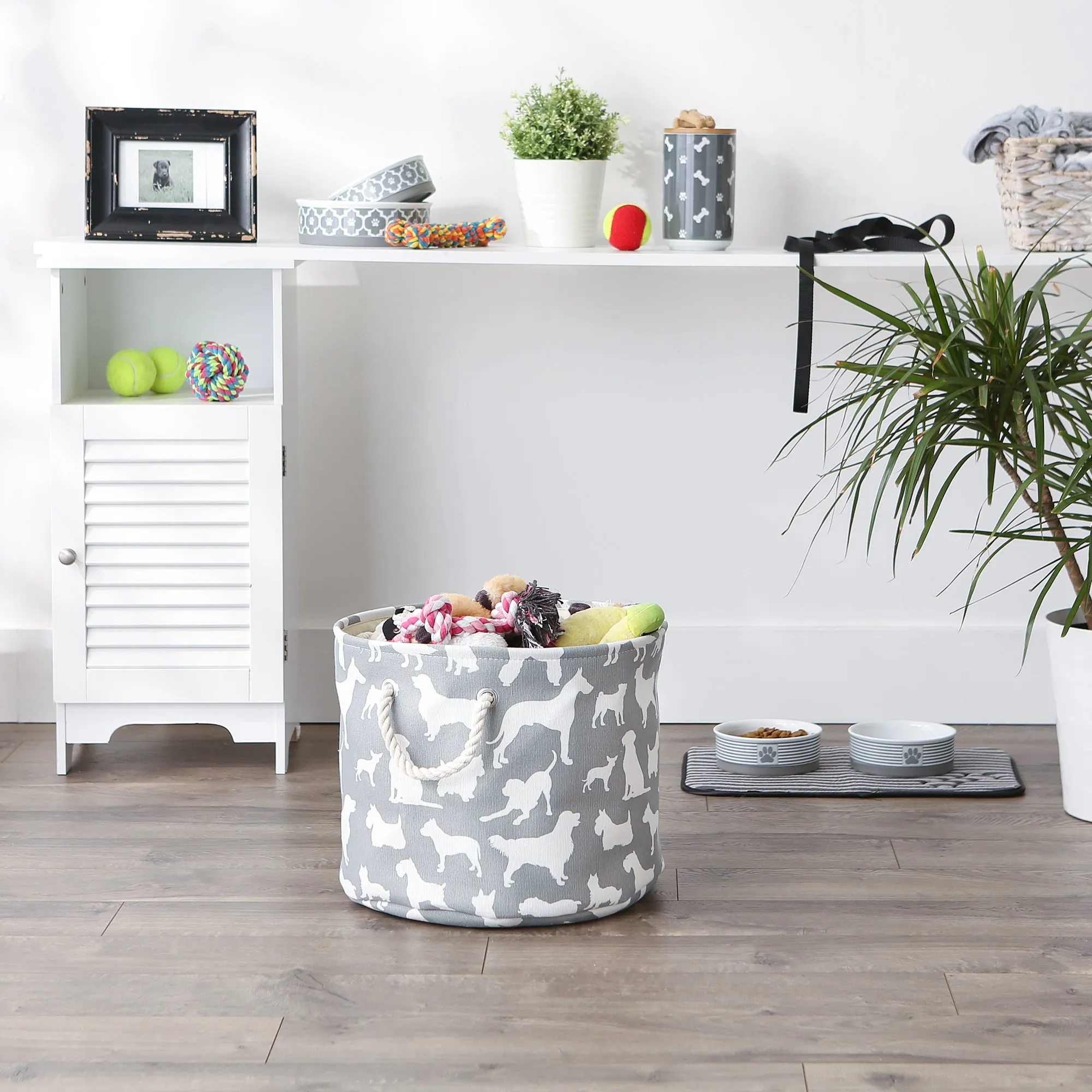 Collapsible Pet Storage Bin, Dog Show Print, Gray, Medium Round - 12x15"