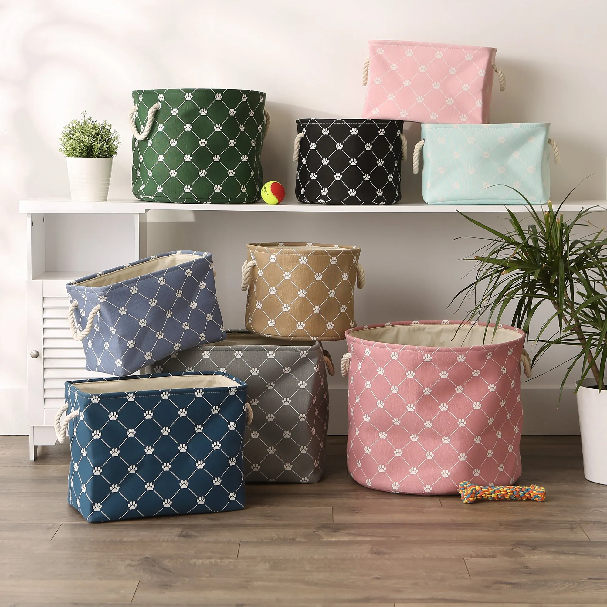 Collapsible Pet Storage Collapsible Bin, Trellis Paw Print, Aqua, Medium Round - 15x12"