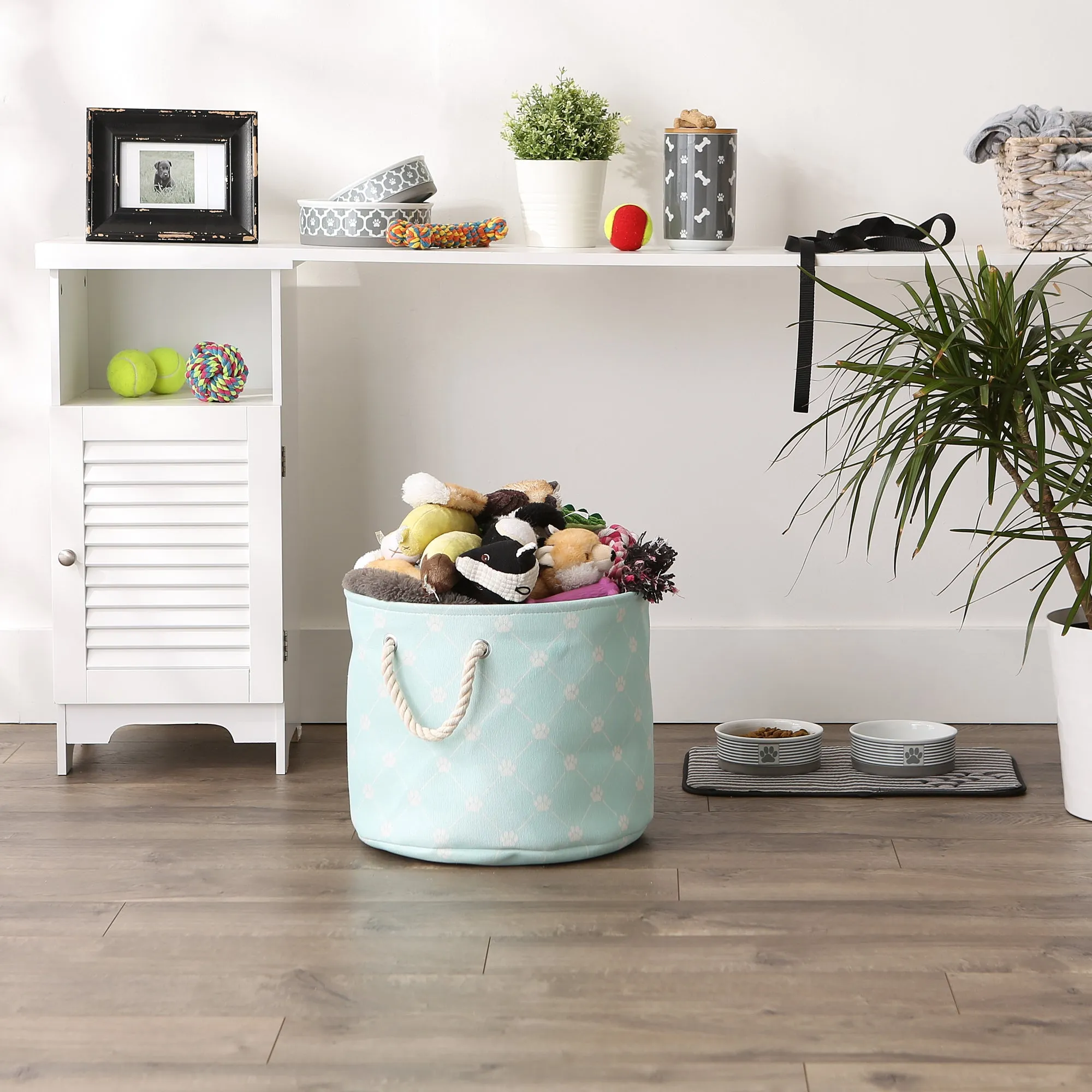Collapsible Pet Storage Collapsible Bin, Trellis Paw Print, Aqua, Medium Round - 15x12"