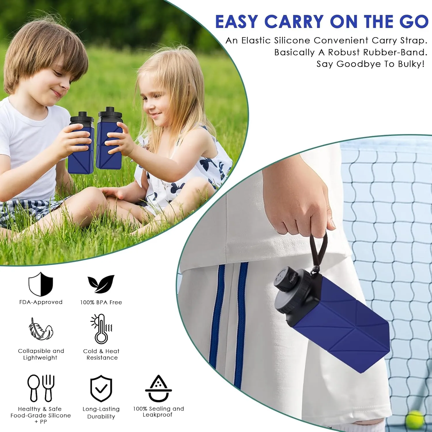 Collapsible Water Bottles,420ml Foldable Water Bottle BPA Free Reusable Lightweight LeakProof Travel Silicone Water Bottles for Travel,Gym,Hiking,Office,Camping,Sports Portable,Dark Blue