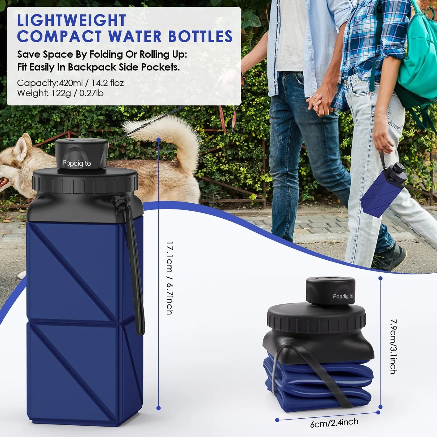 Collapsible Water Bottles,420ml Foldable Water Bottle BPA Free Reusable Lightweight LeakProof Travel Silicone Water Bottles for Travel,Gym,Hiking,Office,Camping,Sports Portable,Dark Blue
