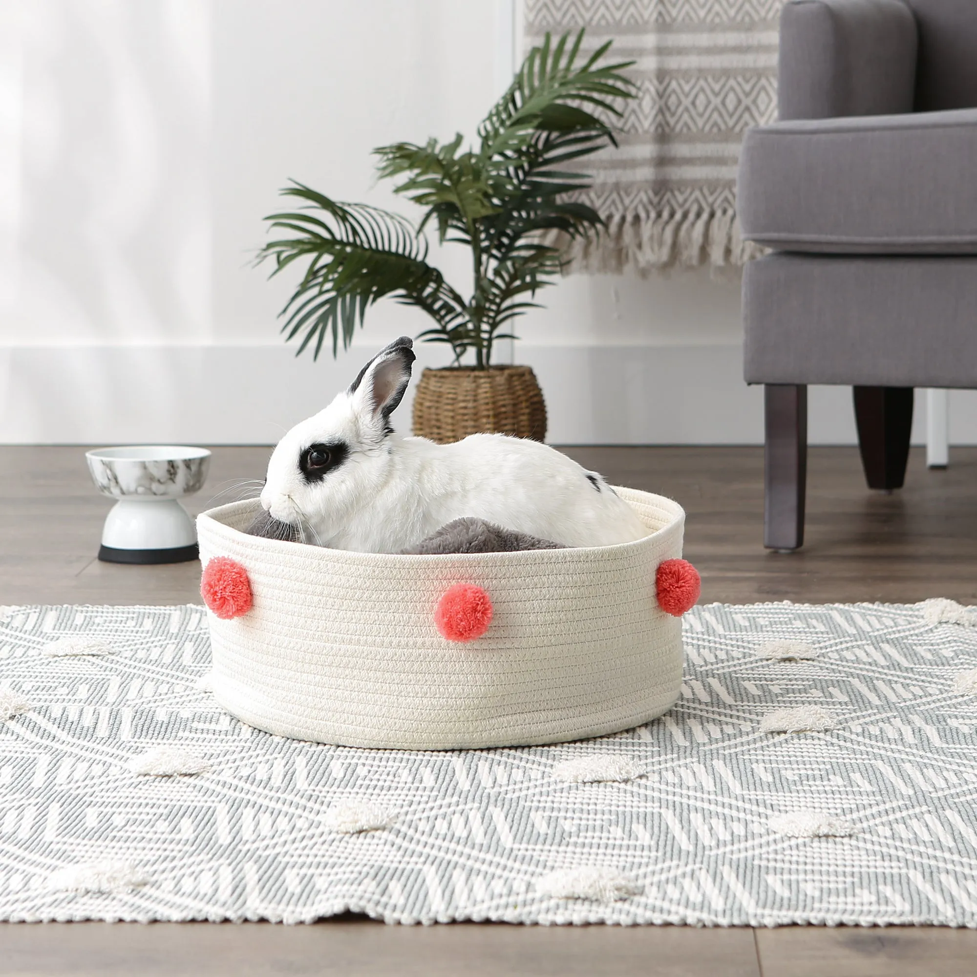 Cotton Pet Storage Basket, Pom-Poms, White/Pink - 15.75x6.25"
