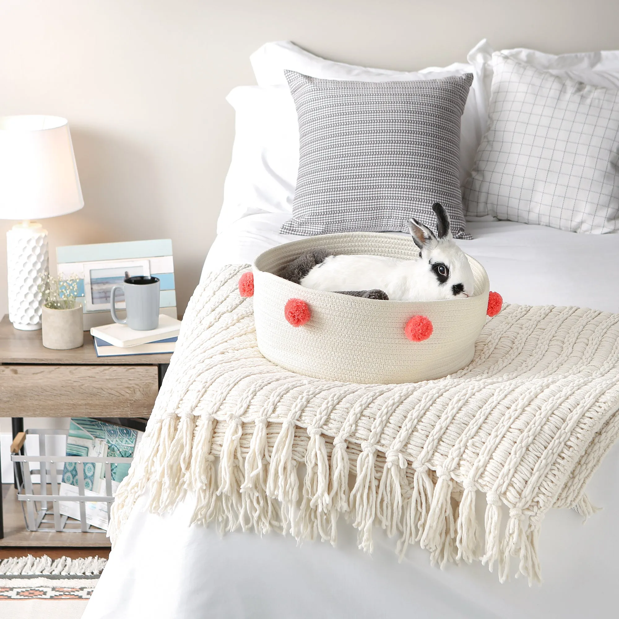 Cotton Pet Storage Basket, Pom-Poms, White/Pink - 15.75x6.25"
