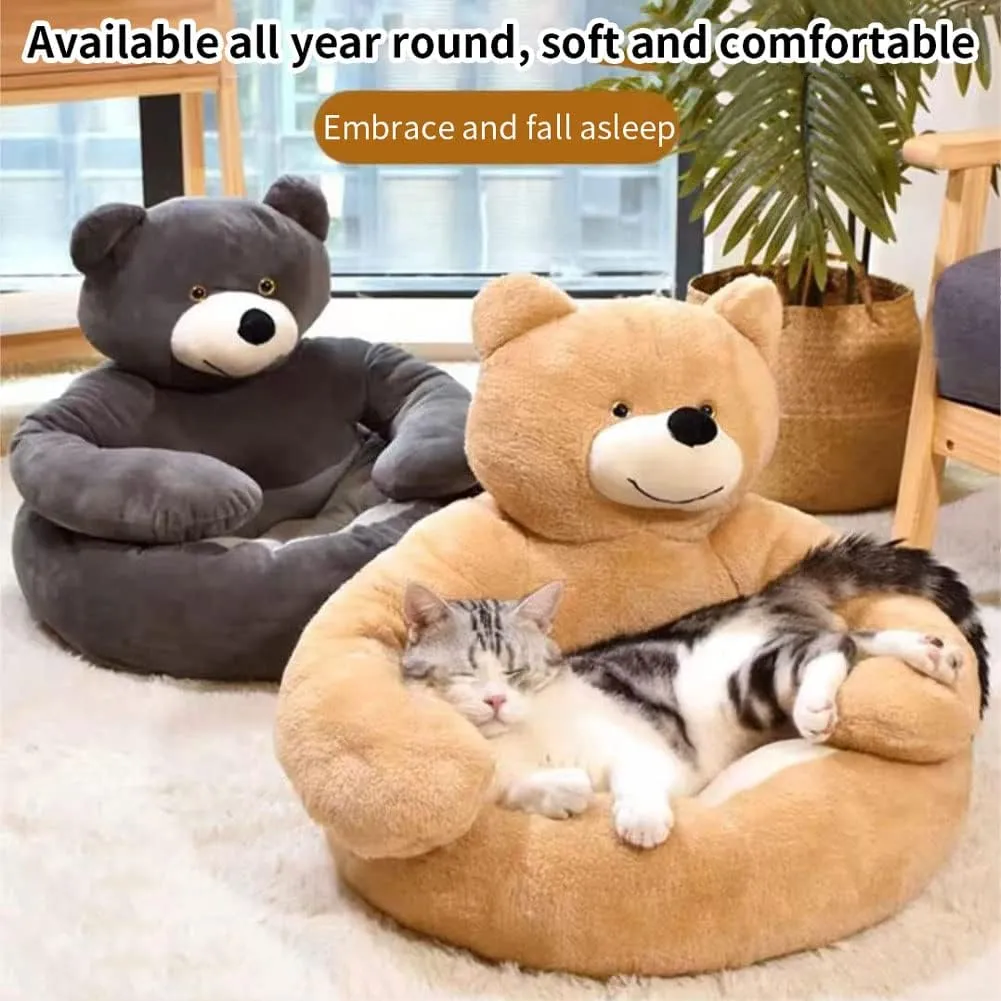 Cute Bear Hug Design Dog Cat Beds Plush Pet Beds Cuddler, Warm Soft Calming Dog Beds with Removable Washable Cover Non-Slip Bottom (Diameter 30 in, Khaki)