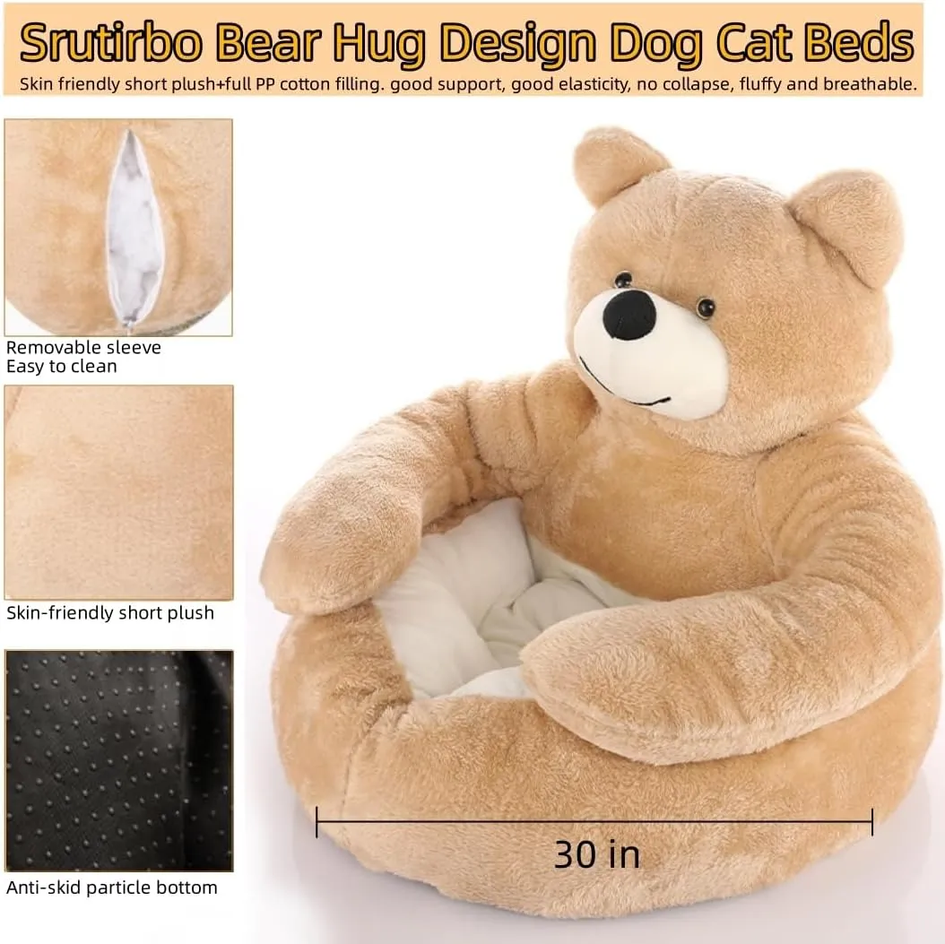 Cute Bear Hug Design Dog Cat Beds Plush Pet Beds Cuddler, Warm Soft Calming Dog Beds with Removable Washable Cover Non-Slip Bottom (Diameter 30 in, Khaki)