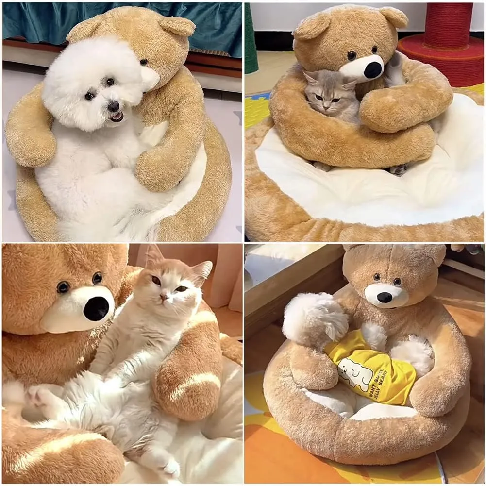 Cute Bear Hug Design Dog Cat Beds Plush Pet Beds Cuddler, Warm Soft Calming Dog Beds with Removable Washable Cover Non-Slip Bottom (Diameter 30 in, Khaki)