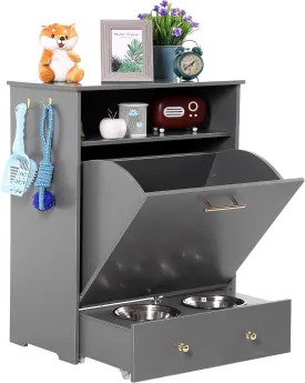 Dog Feeding Station,Dog Food Storage Cabinet Container with 2 Fixed or Pull-Out Stainless Steel Raised Bowls,Metal Movable Hooks for Feeding and Watering Supplies,Pet Toy Organizer (Gray)