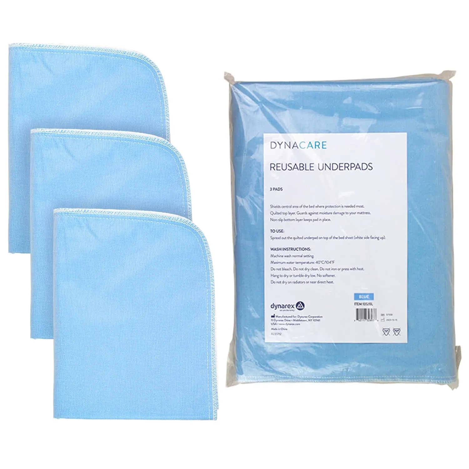 Dynarex Incontinence Bed Pads - Reusable & Washable Waterproof Pee Pads for Kids, Adults, Elderly - 1 Bag of 3 Pads - 24" x 36", Blue
