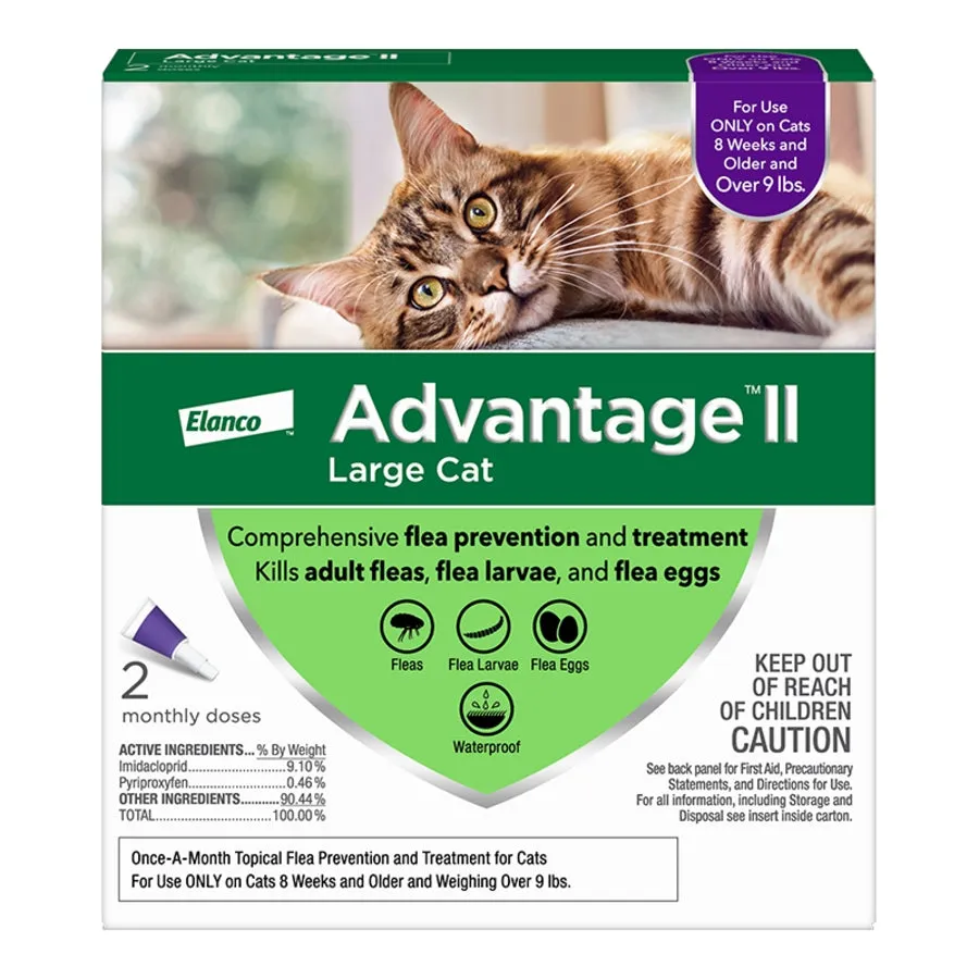 Elanco Advantage II Large Cat 2-Month Dose Flea and Tick Spot-on Treatment - 9  Lbs - Purple - 2 Pack
