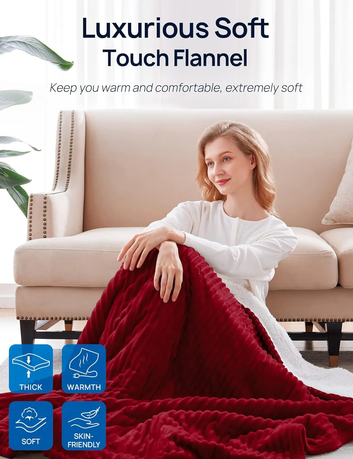 Electric Heated Blanket 84" x 90", Red & Ivory