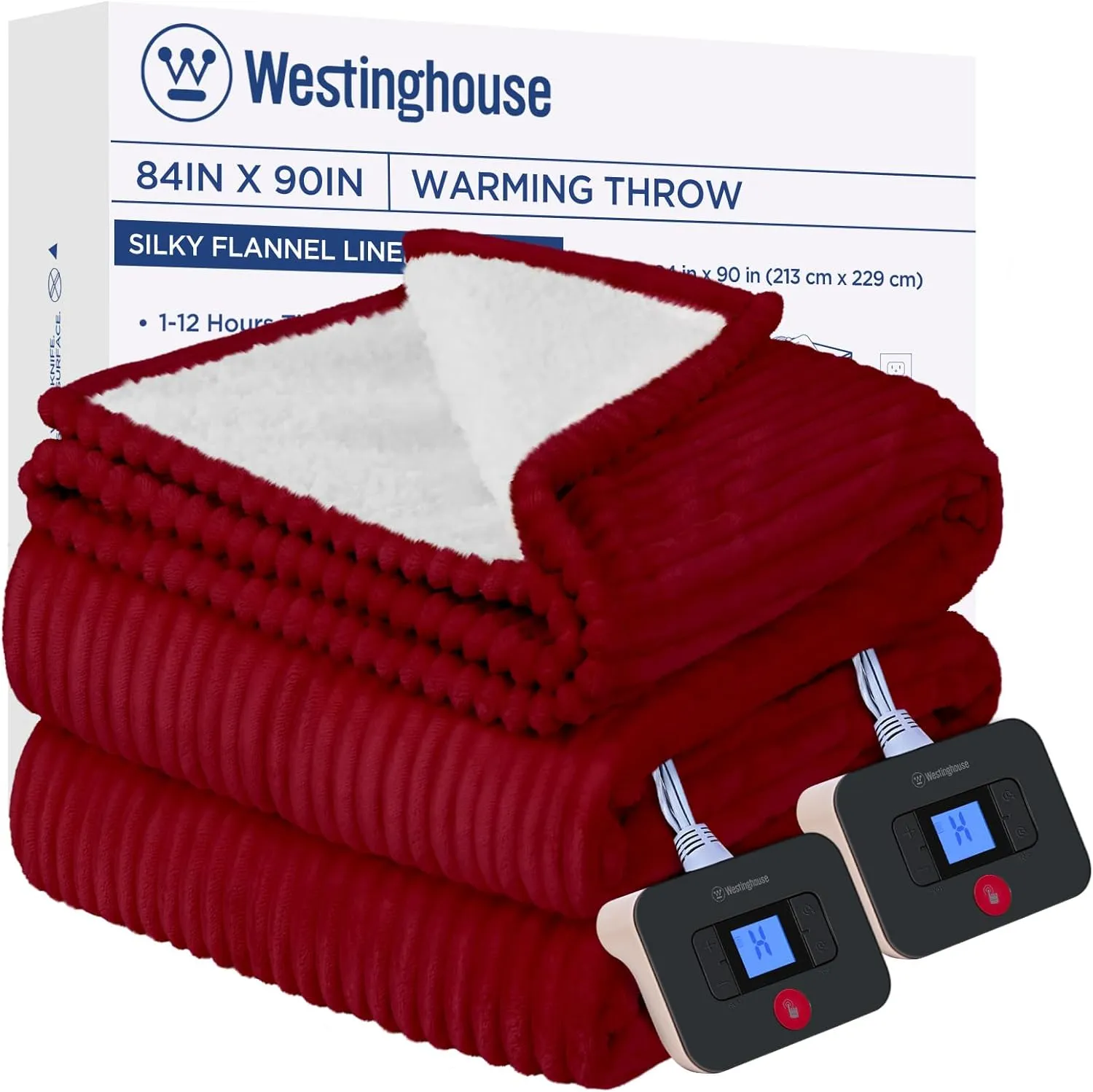 Electric Heated Blanket 84" x 90", Red & Ivory