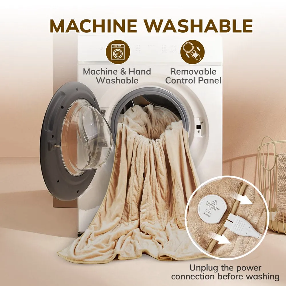 Electric Heated Blanket Throw w/ Hand Warmer for Kids & Adults & Elderly, Keenstone Machine Washable Fast Heating Flannel Blanket for Office Bedroom Livingroom, Beige