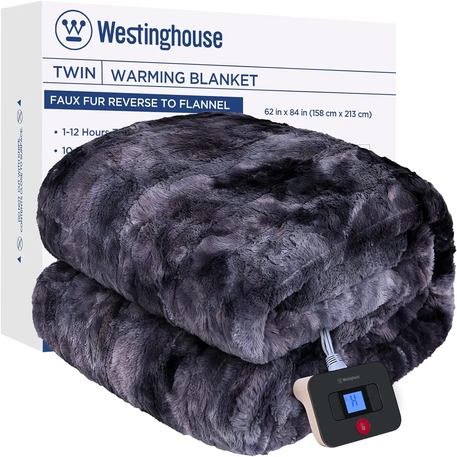 Electric Heated Faux Fur Blanket 62" x 84", Gray