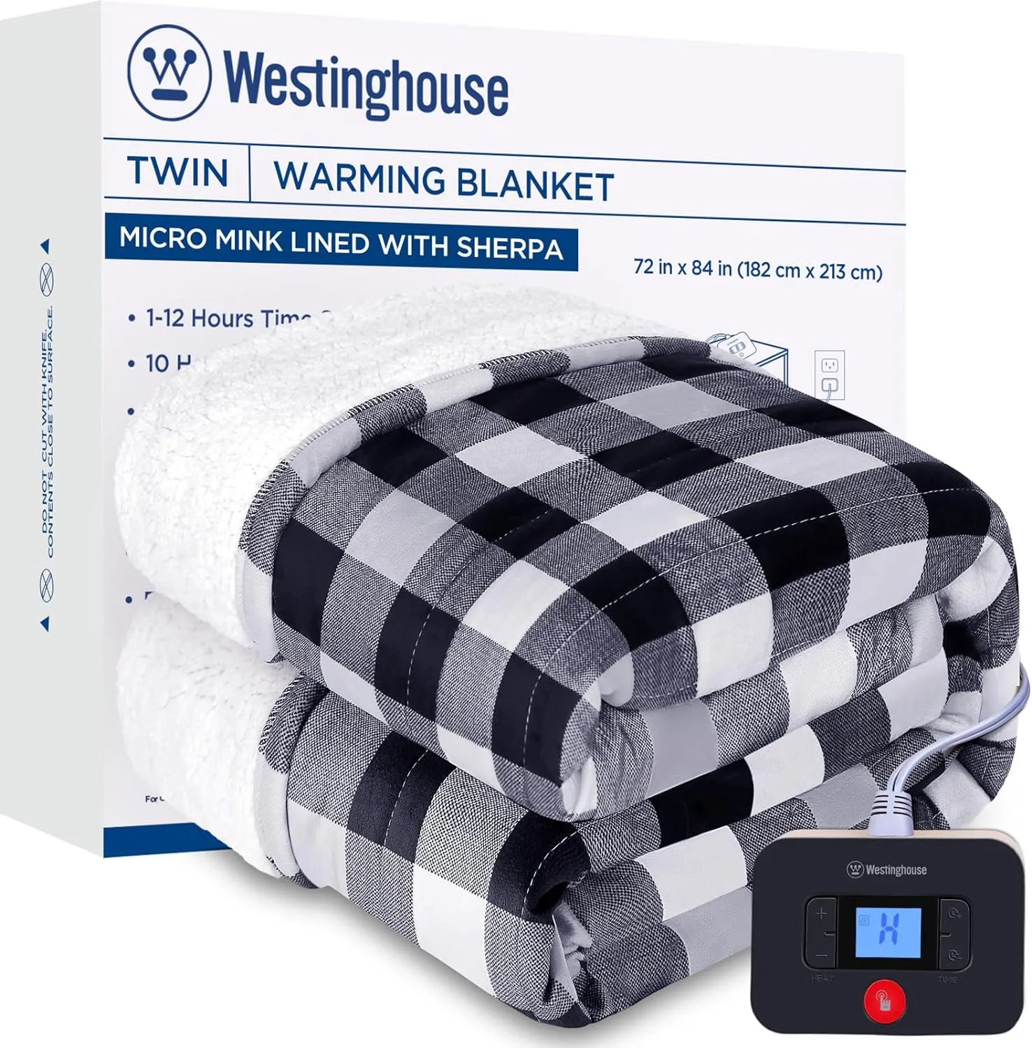 Electric Heated Sherpa Plaid Blanket 62" x 84", Black