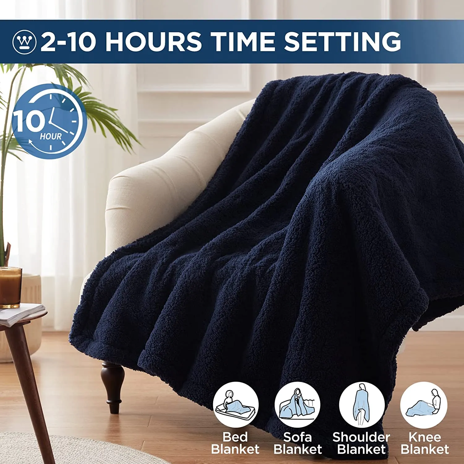 Electric Heated Throw Sherpa Navy