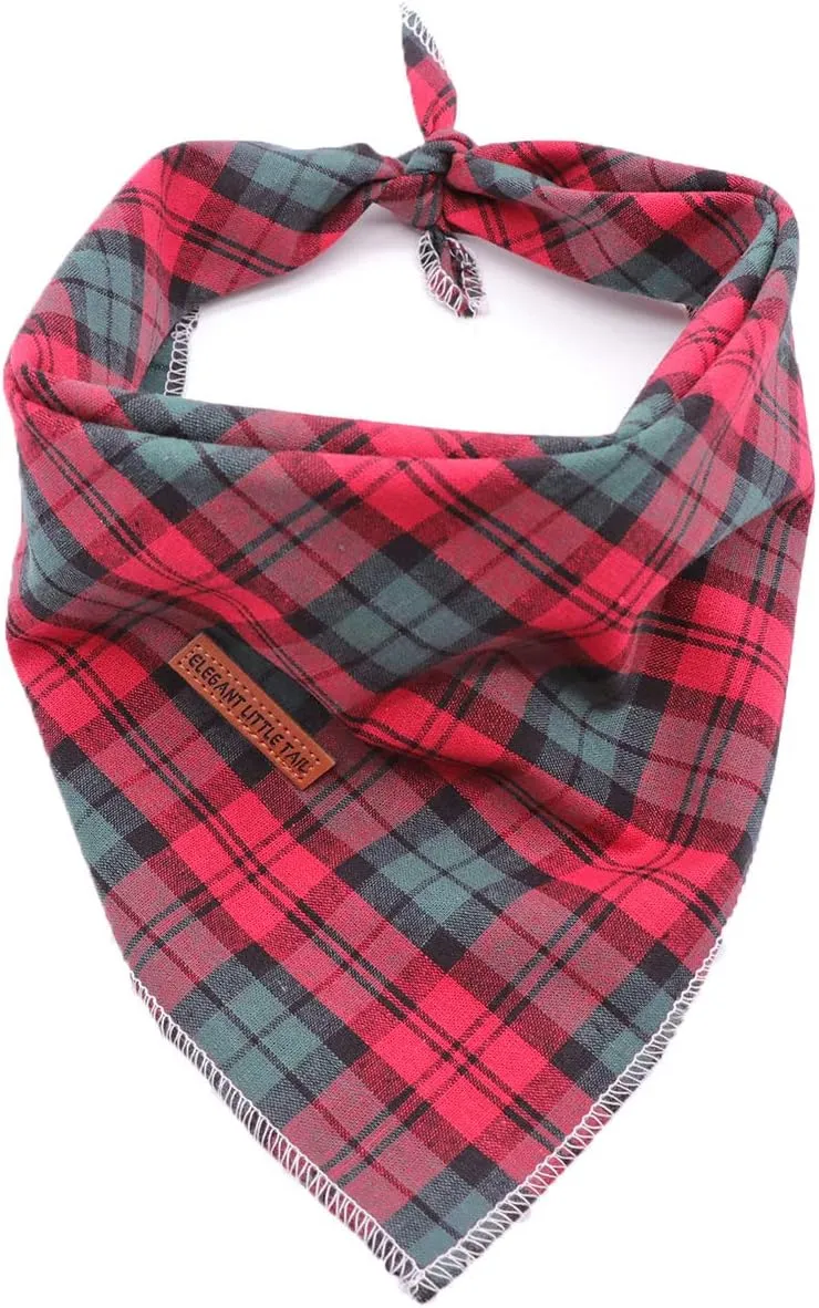 Elegant Little Tail Christmas Bandana 1PCS Plaid Pet Bandana Washable Reversible Cotton Boy Bibs Scarf, Adjustable Square Kerchief for Small to Large Dogs and Cats