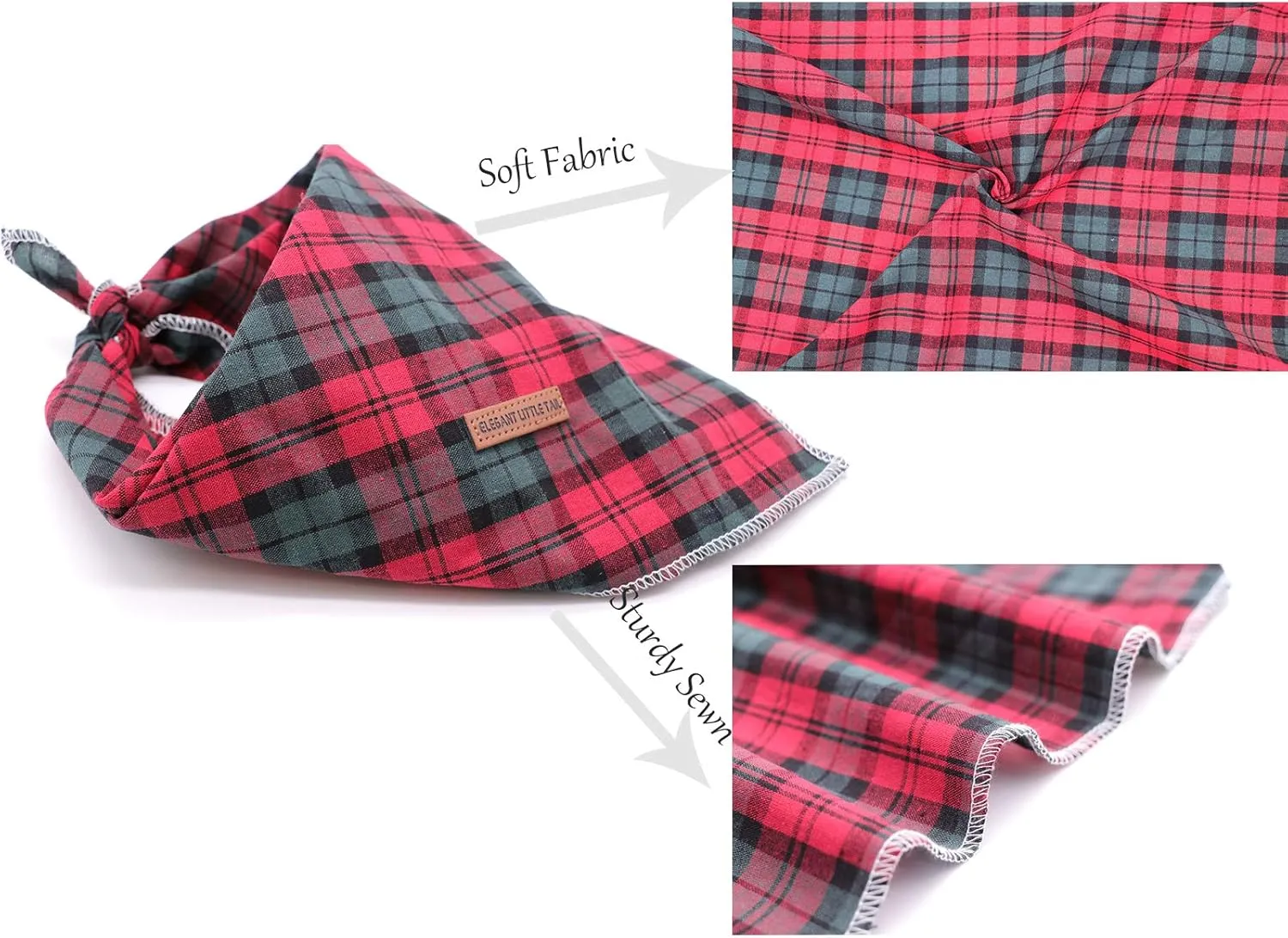 Elegant Little Tail Christmas Bandana 1PCS Plaid Pet Bandana Washable Reversible Cotton Boy Bibs Scarf, Adjustable Square Kerchief for Small to Large Dogs and Cats