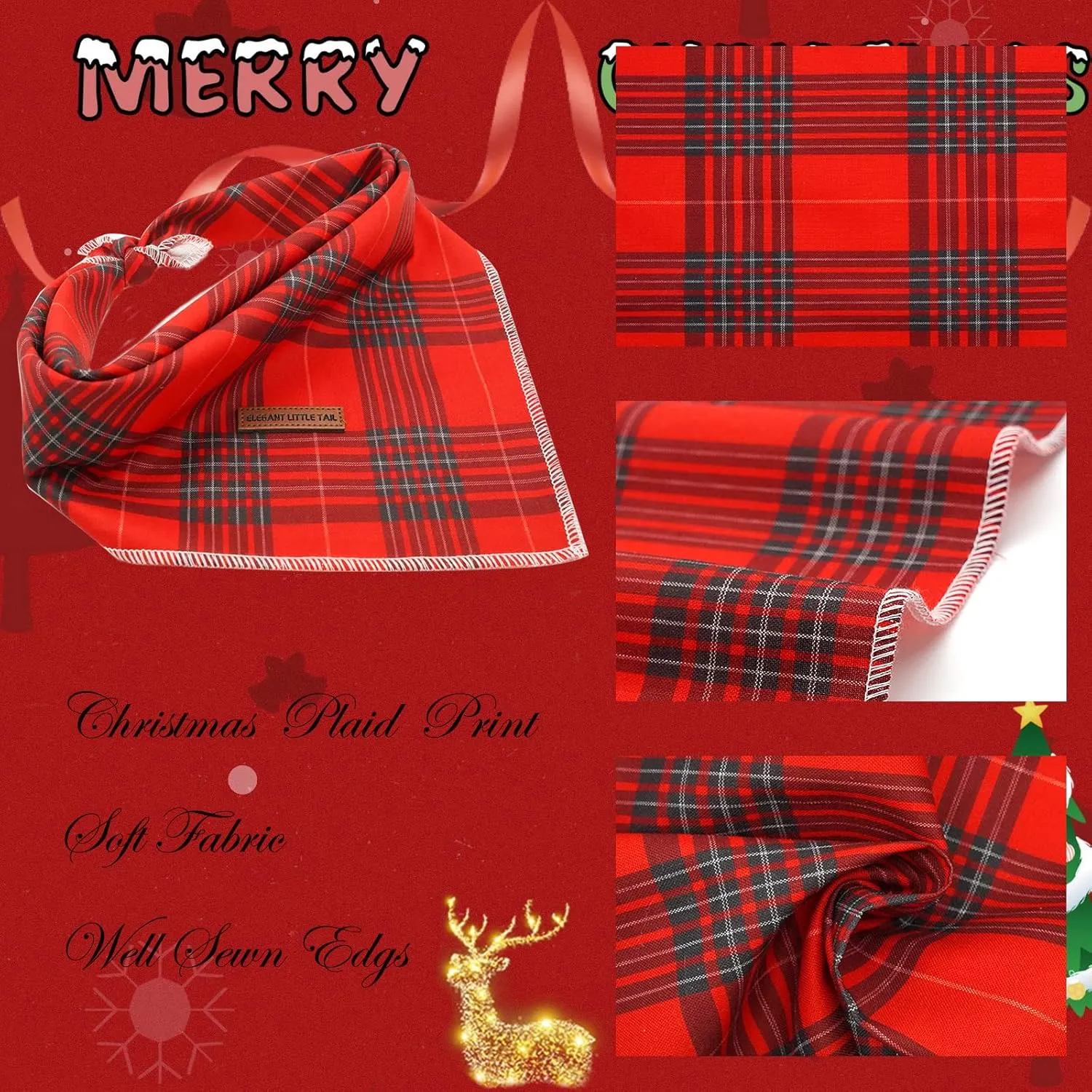 Elegant Little Tail Christmas Bandana for Small Medium Large Soft Dogs - Washable Square Dog Scarf Adjustable Kerchief in Holiday Girl Boy Colors
