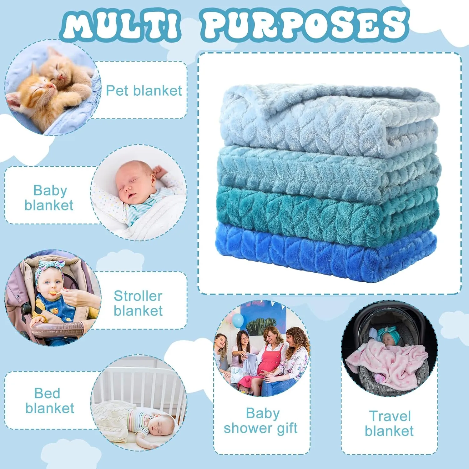 Frienda 4 Pcs Baby Fuzzy Blanket Fluffy Baby Blanket for Boys Girls Soft Warm Infant Newborn Toddler Receiving Nursery Bed Supplies, 32 x 24 Inch(Blue Color)