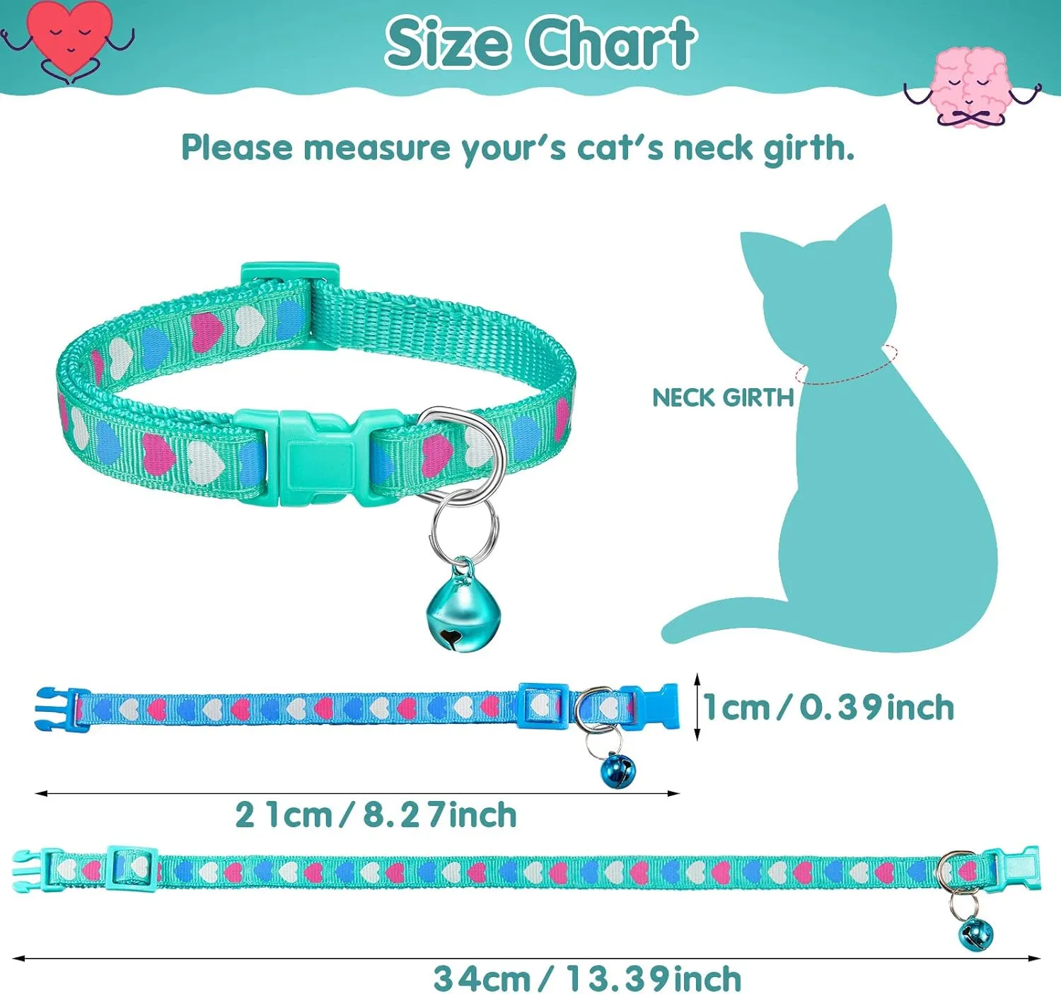Frienda 6 Pieces Cat Collar with Bell Kitten Breakaway Collar Heart Pattern Adjustable Lollipop Spring Summer Design for Girl Boy Kitty(Pink, Blue, Purple, Green)
