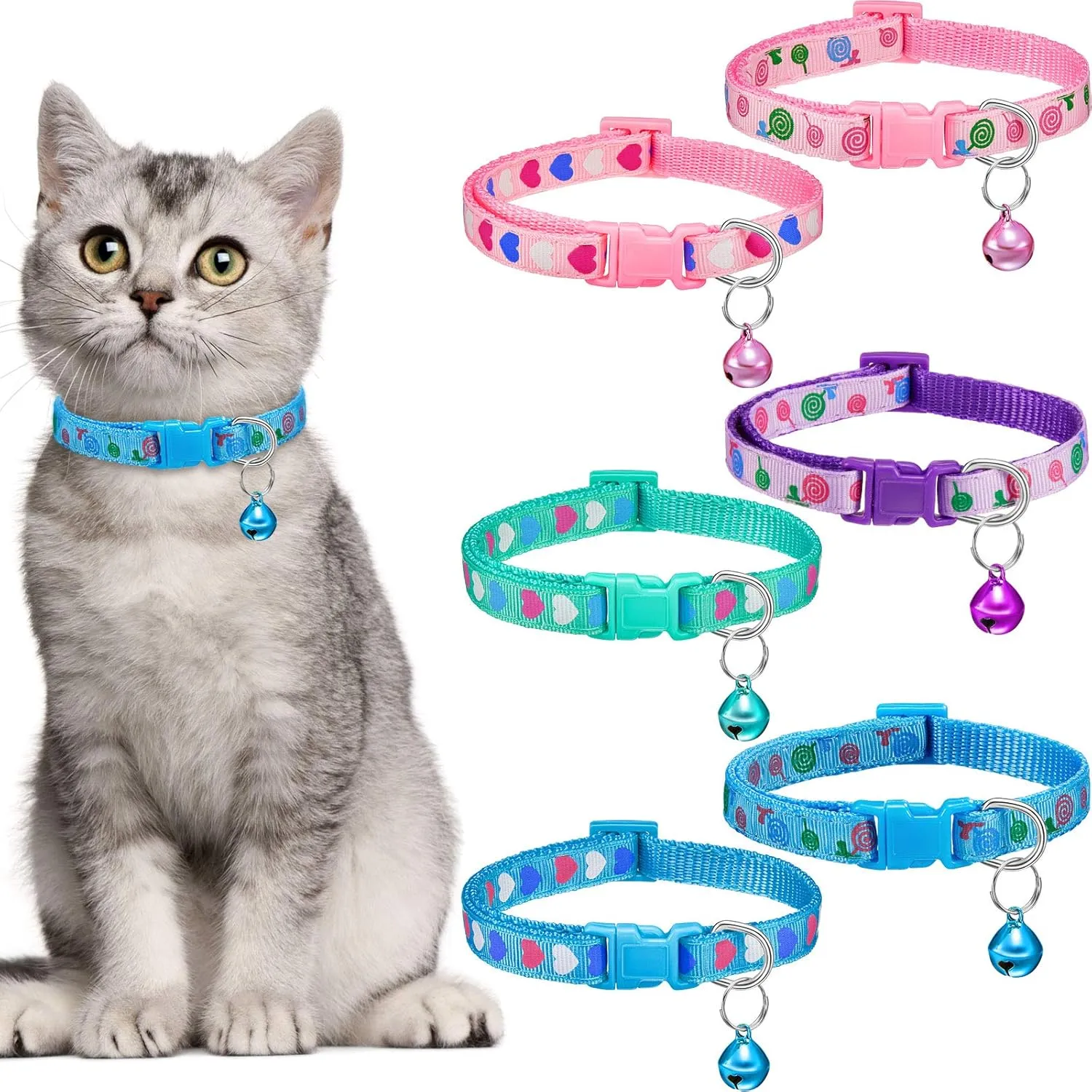 Frienda 6 Pieces Cat Collar with Bell Kitten Breakaway Collar Heart Pattern Adjustable Lollipop Spring Summer Design for Girl Boy Kitty(Pink, Blue, Purple, Green)