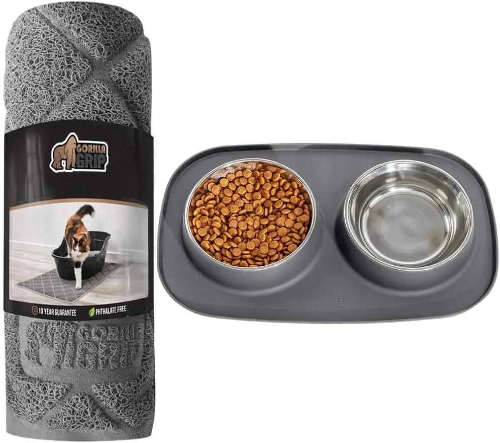 GORILLA GRIP Cat Litter Box Mat, 17x11 Inch Gray and Silicone Feeding Mat Set, 1 Cup Gray, 2 Item Bundle